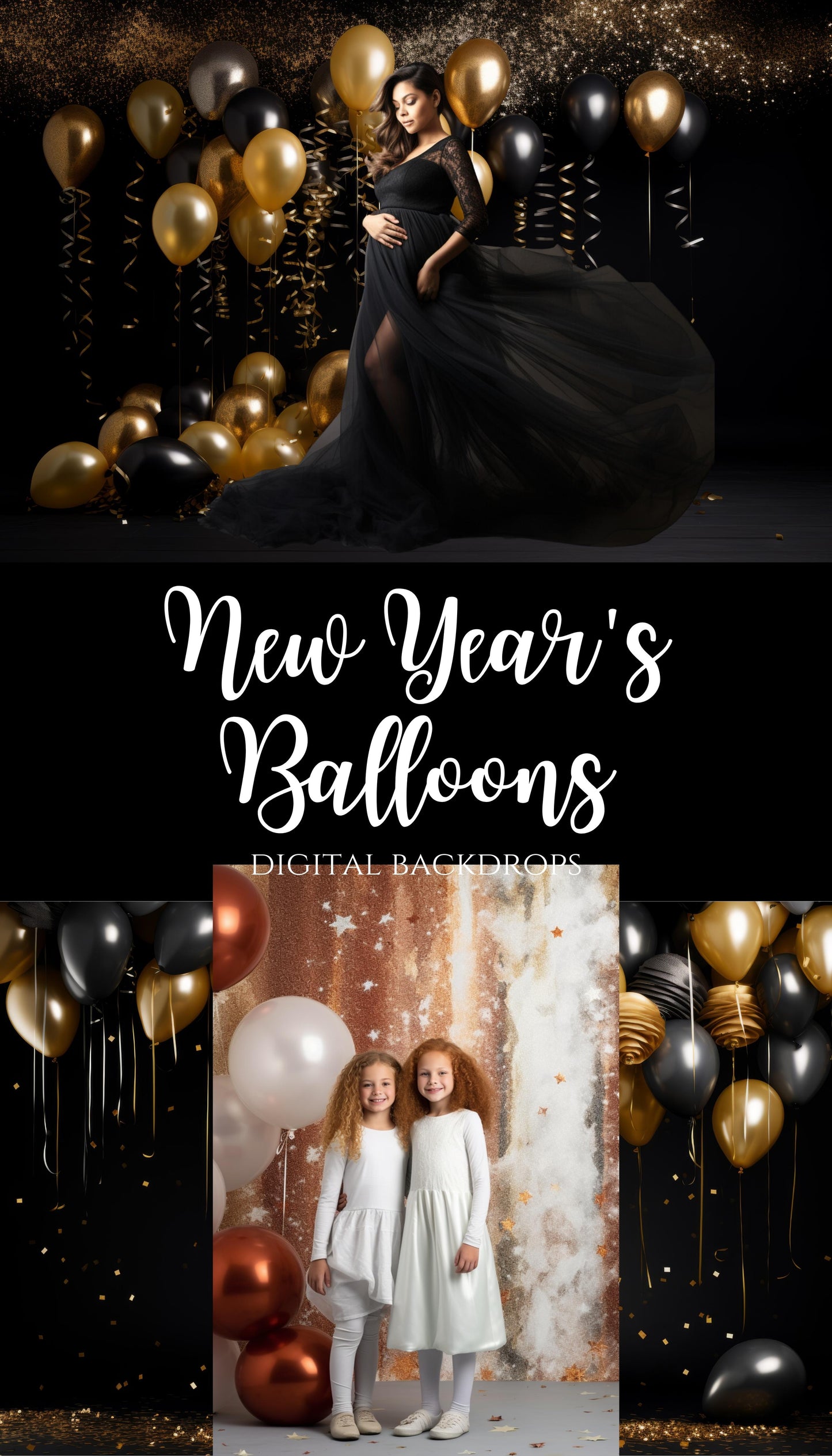 Gold and Black New Year's Party Balloons Digital Backdrops