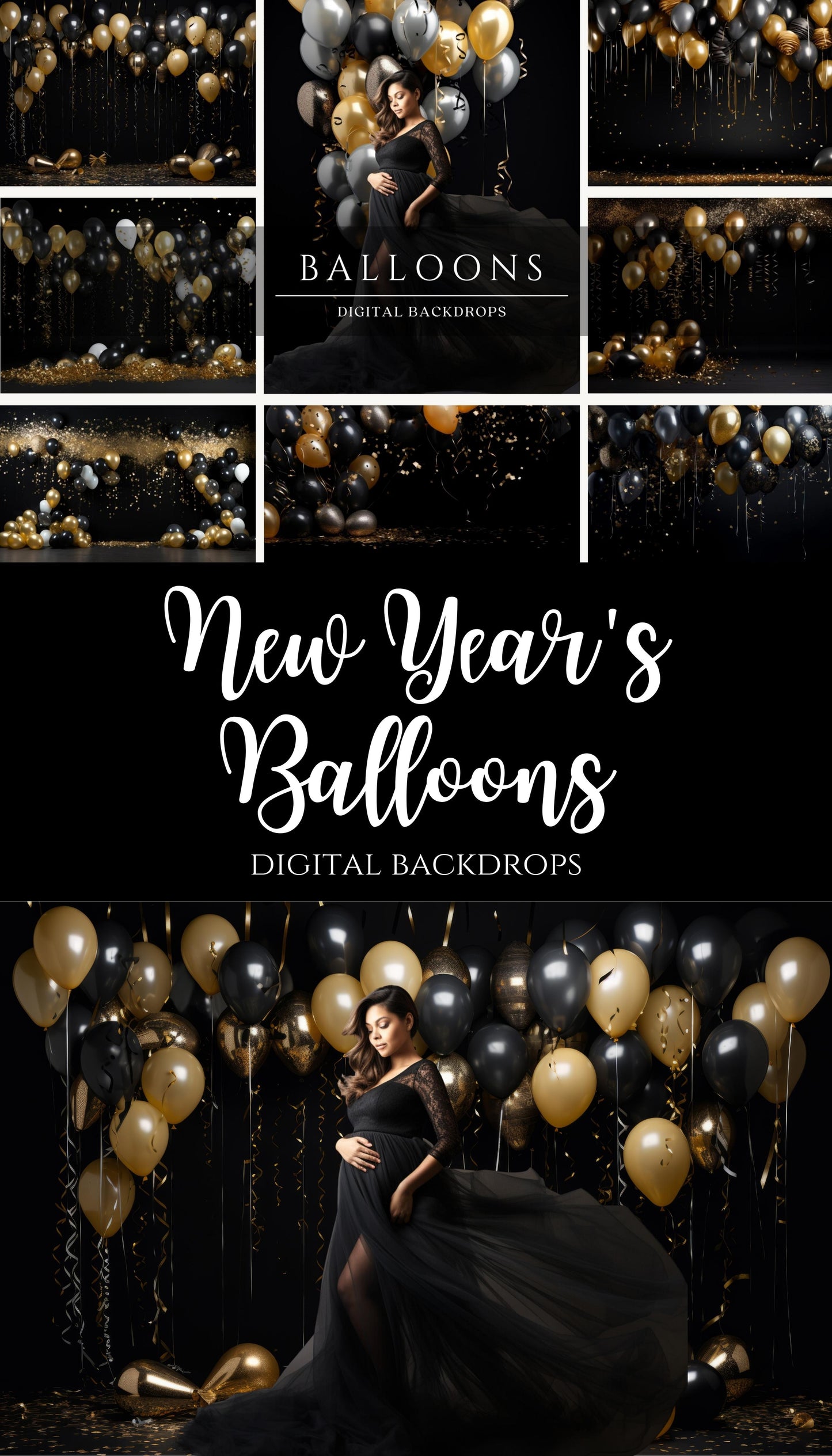Gold and Black New Year's Party Balloons Digital Backdrops