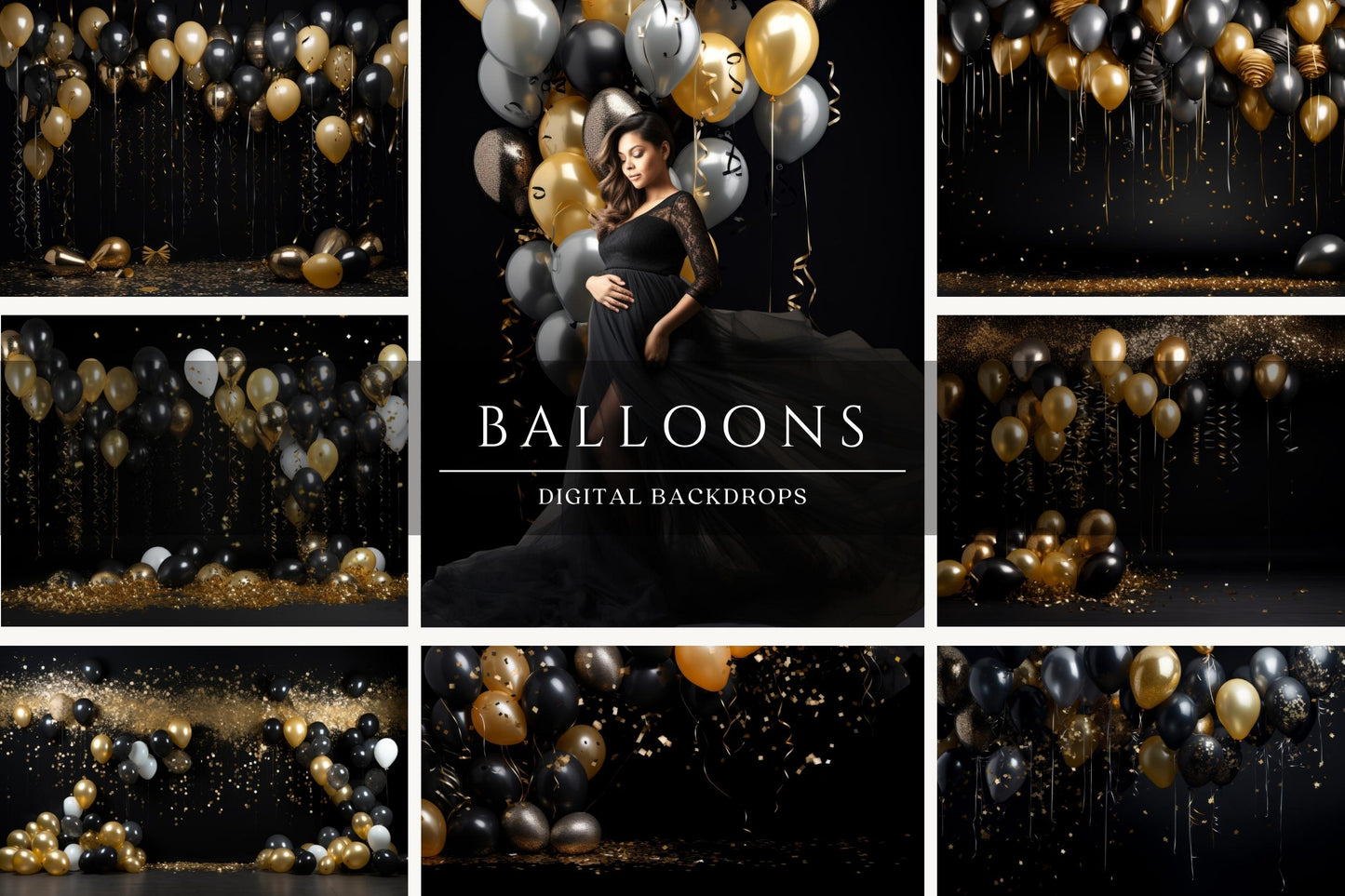 Gold and Black New Year's Party Balloons Digital Backdrops