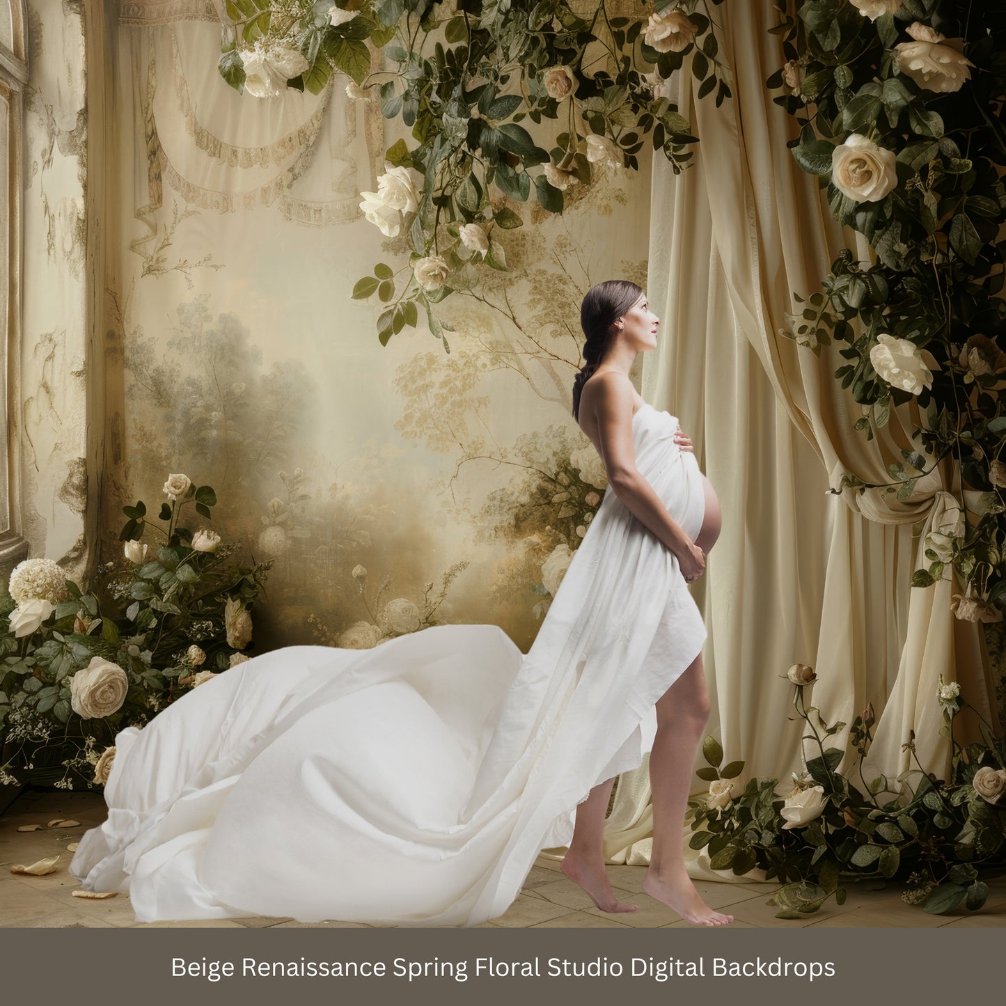 Beige Renaissance Spring Floral Digital Backdrops