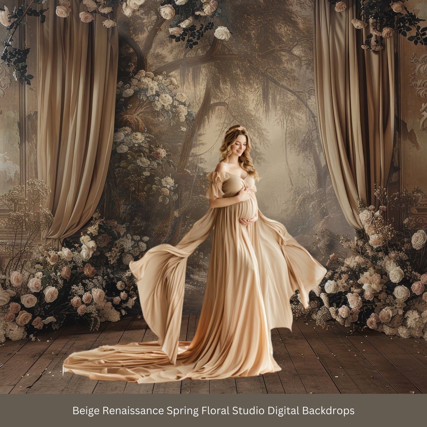 Beige Renaissance Spring Floral Digital Backdrops