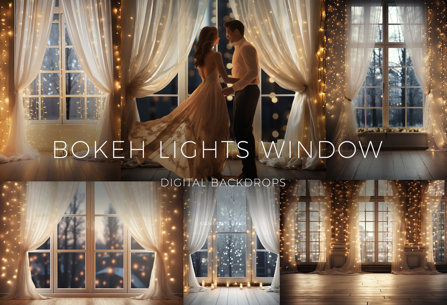 Bokeh Fairy Light Window Digital Backdrops