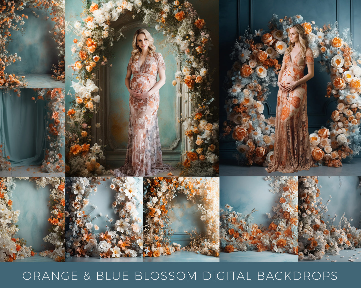 9 Orange and Blue Blossom Floral Digital Backdrops