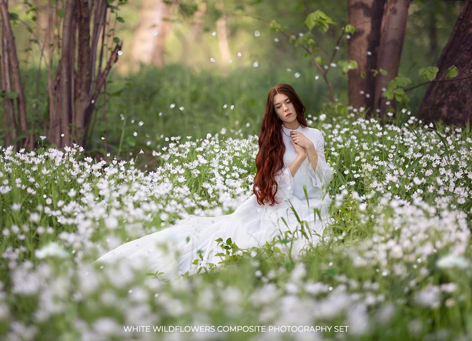 White Wildflowers Composite Photography Set - Photoshop Overlays, Digital Backgrounds and Lightroom Presets