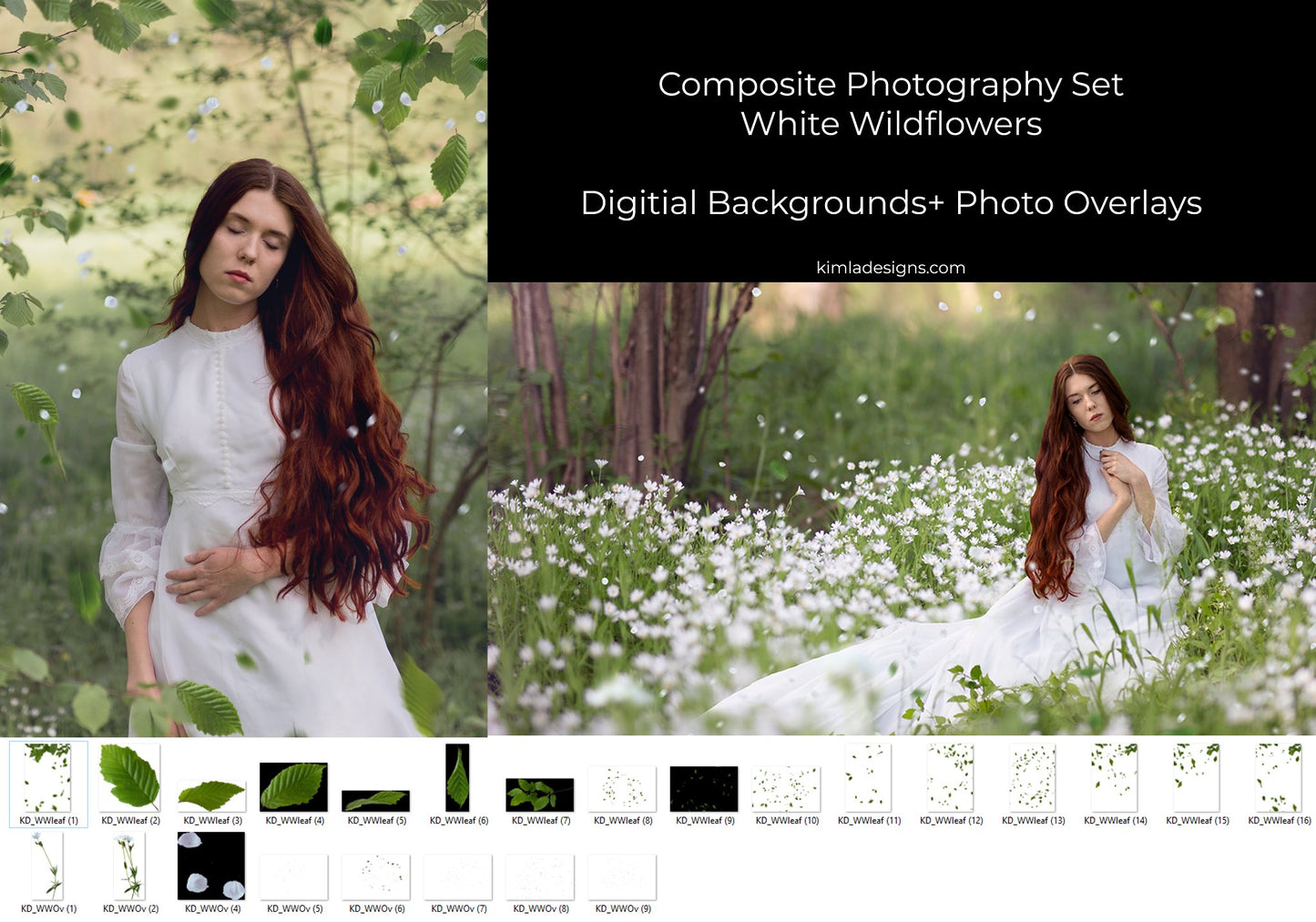 White Wildflowers Composite Photography Set - Photoshop Overlays, Digital Backgrounds and Lightroom Presets