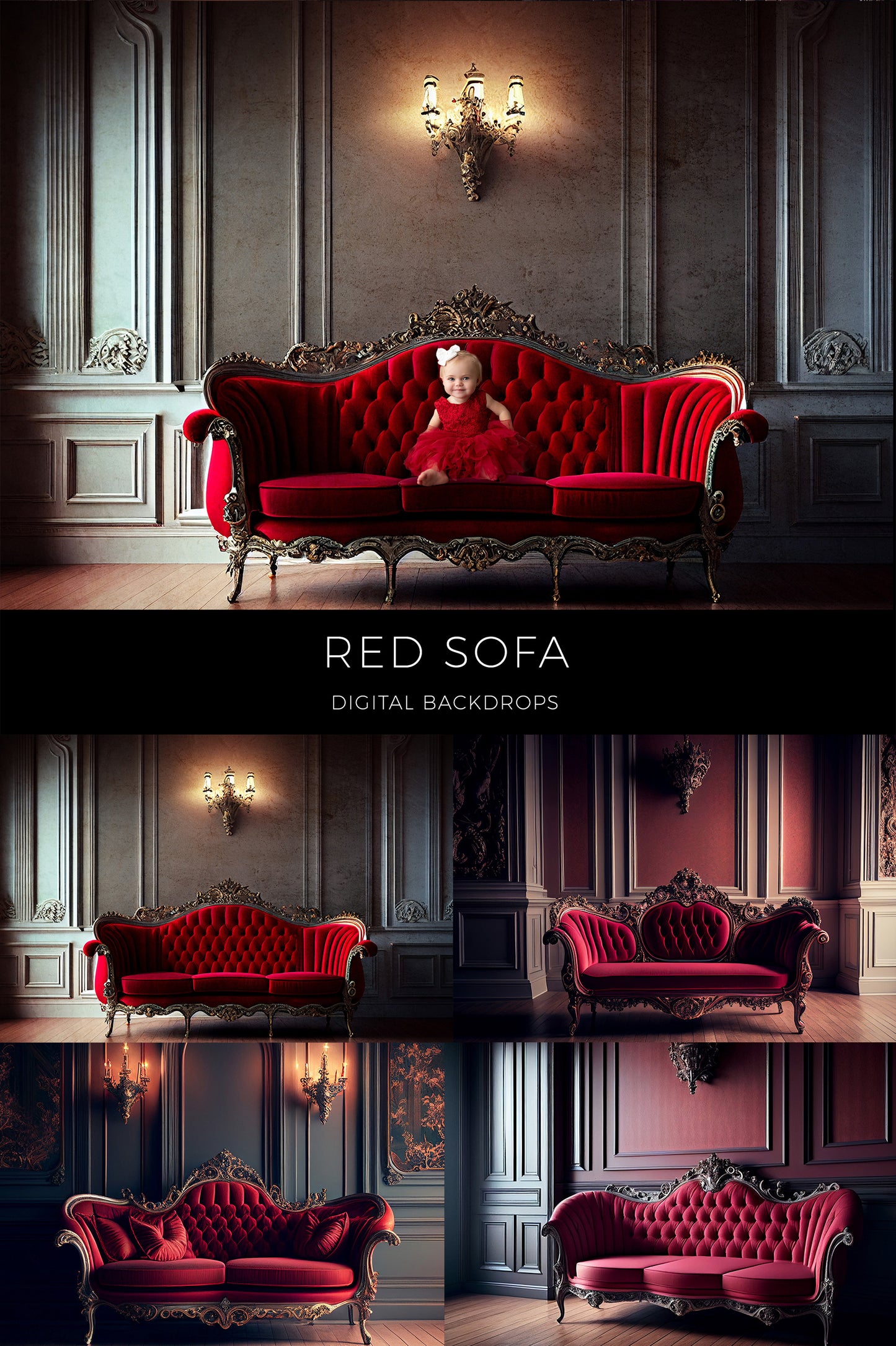 Red Vintage Sofa Digital Backdrops