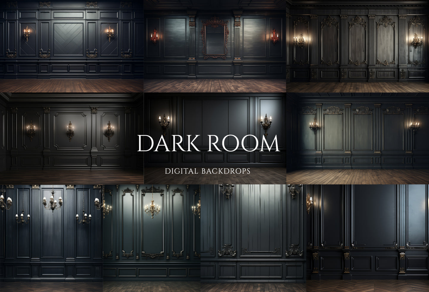 9 Dark Paneled Room Digital Backdrops