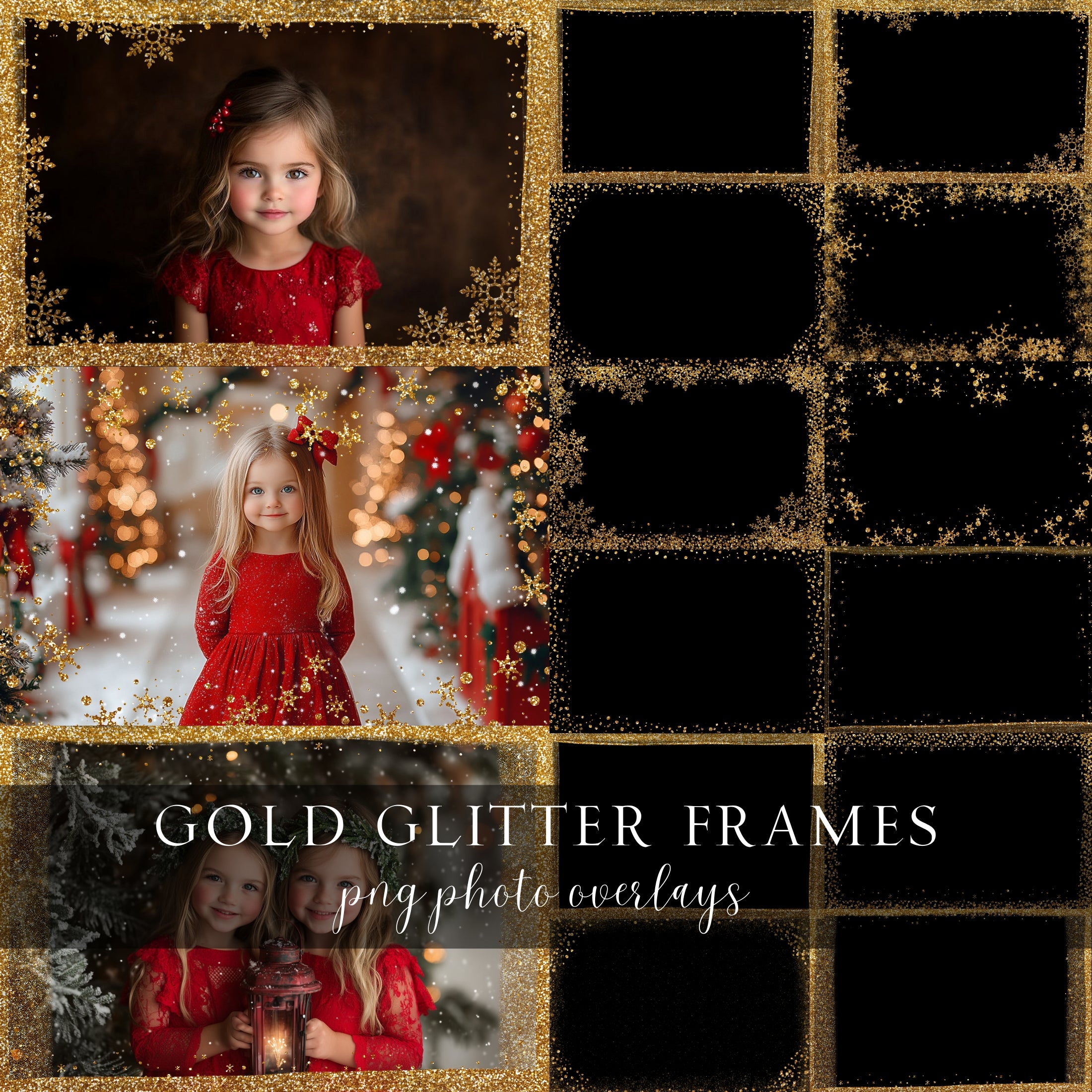 Christmas Gold Glitter Photo Frame PNG Overlays
