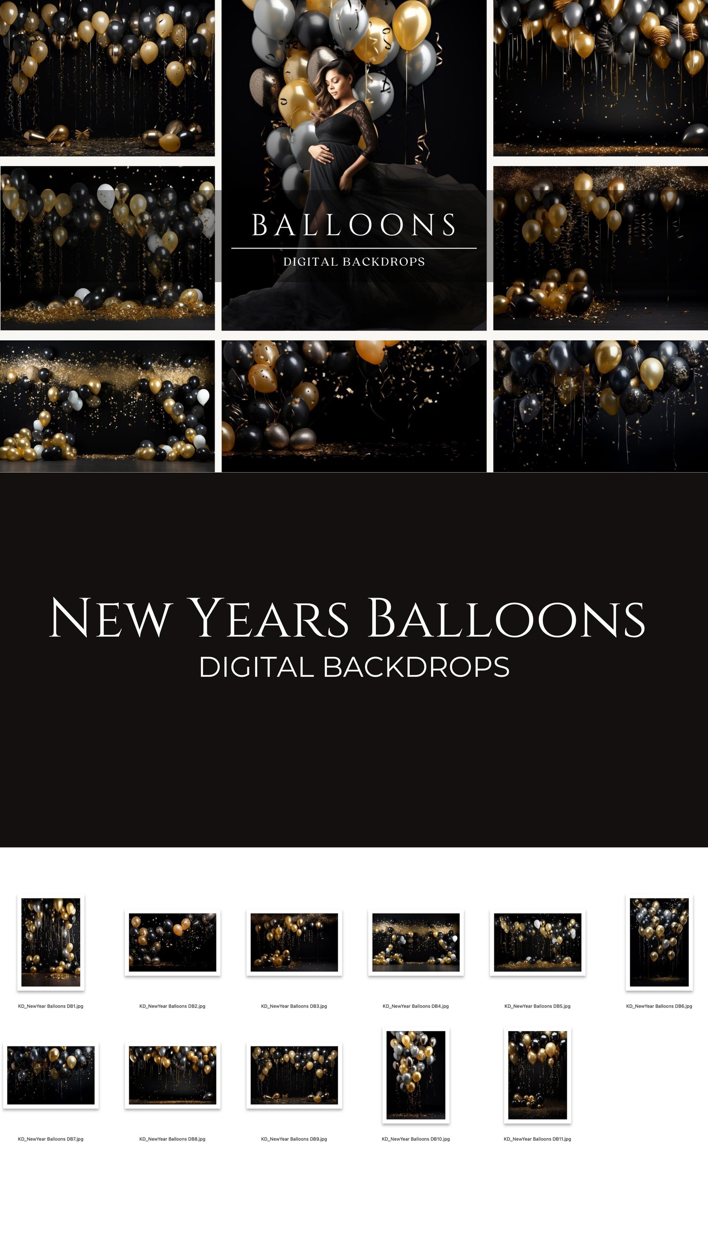 Gold and Black New Year's Party Balloons Digital Backdrops