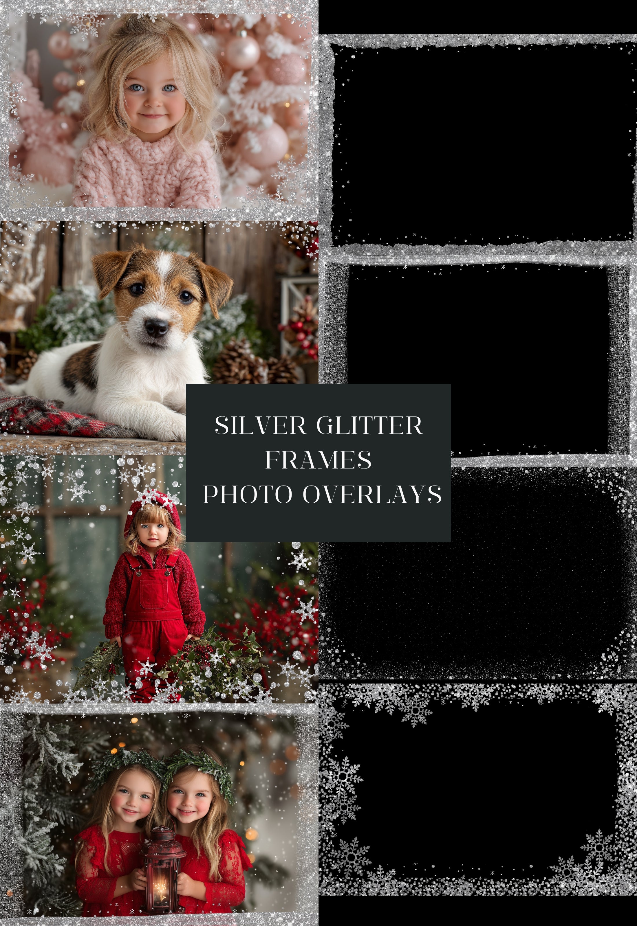Christmas Silver Glitter Photo Frame PNG Overlays