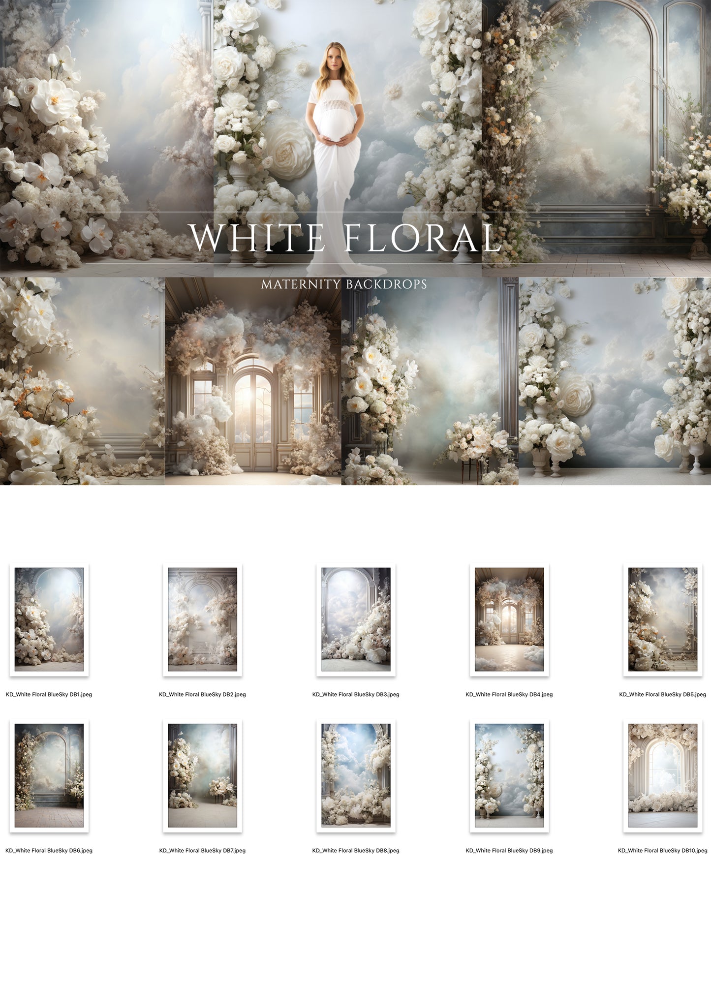 Airy Sky and White Floral Digital Backdrop