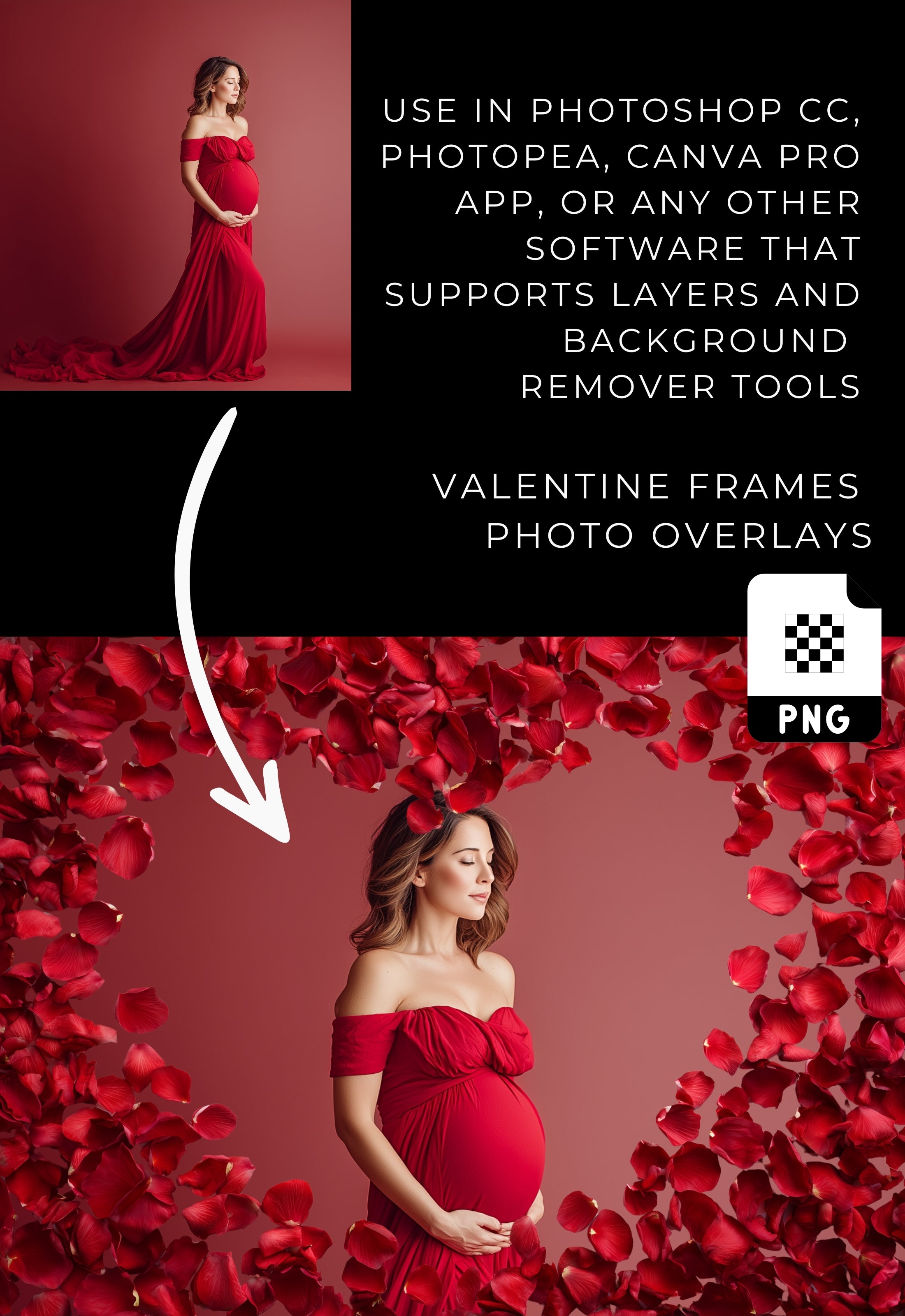 Red Rose Petals Valentine Photo Frame PNG Overlays