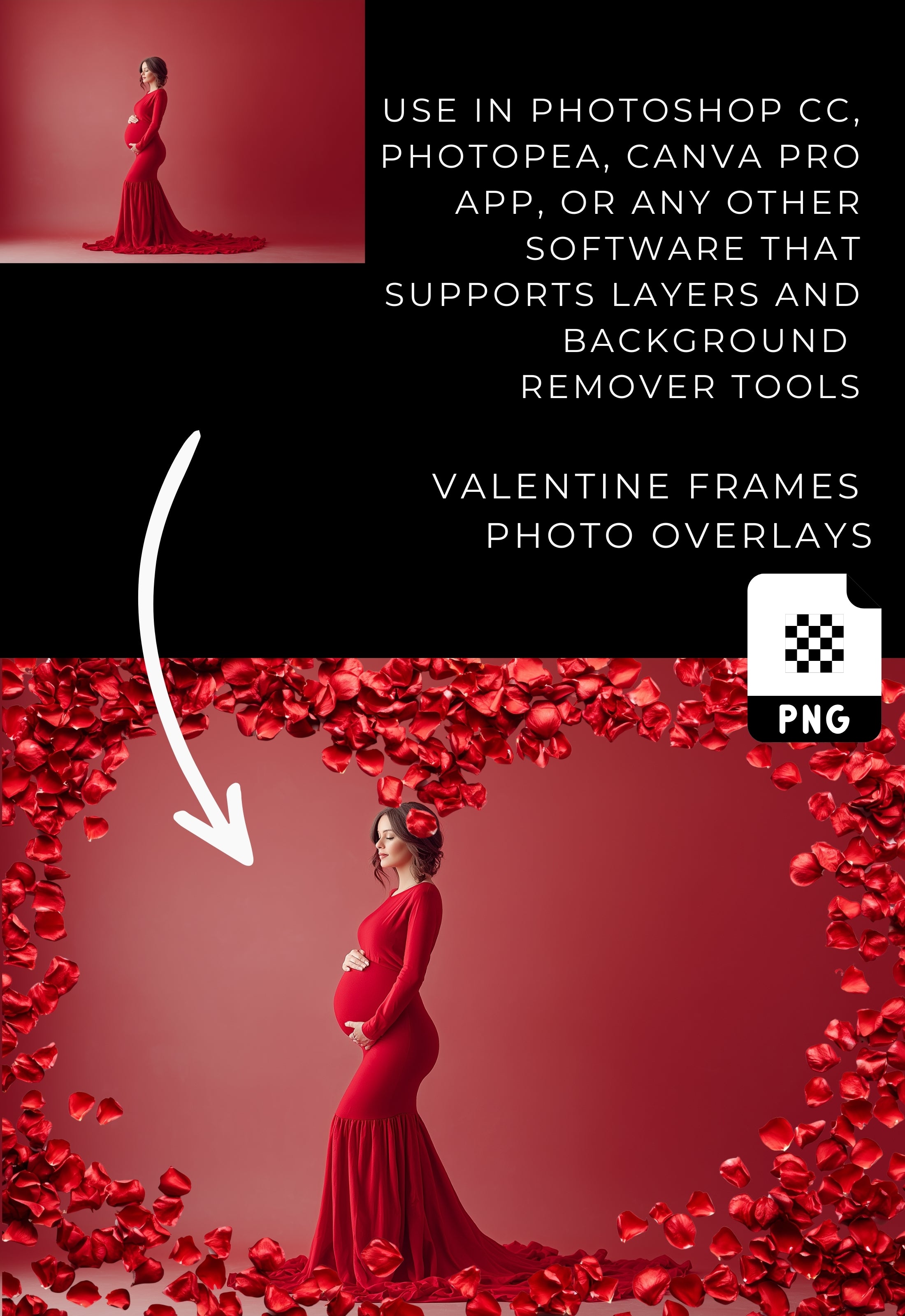 Red Rose Petals Valentine Photo Frame PNG Overlays