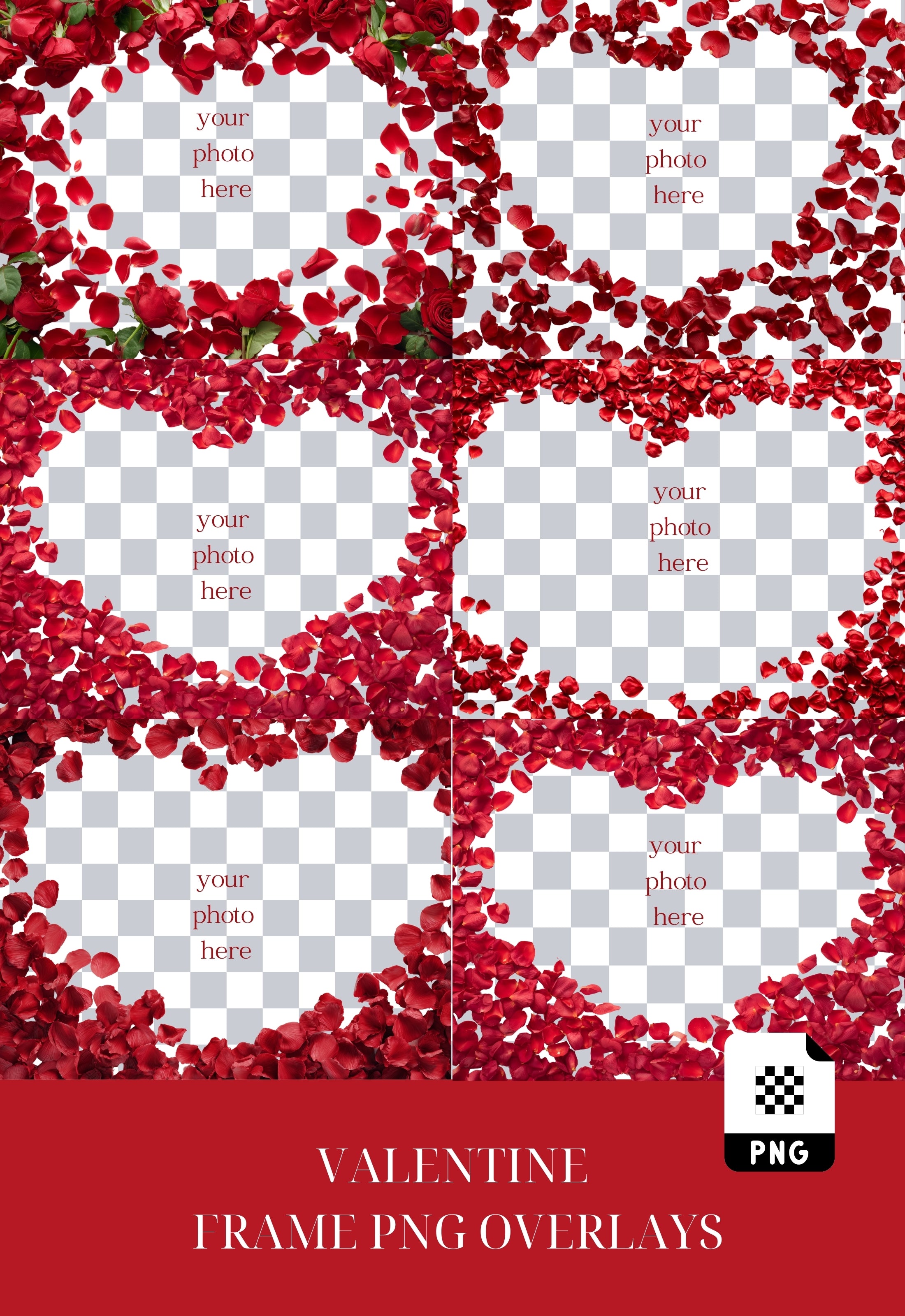 Red Rose Petals Valentine Photo Frame PNG Overlays