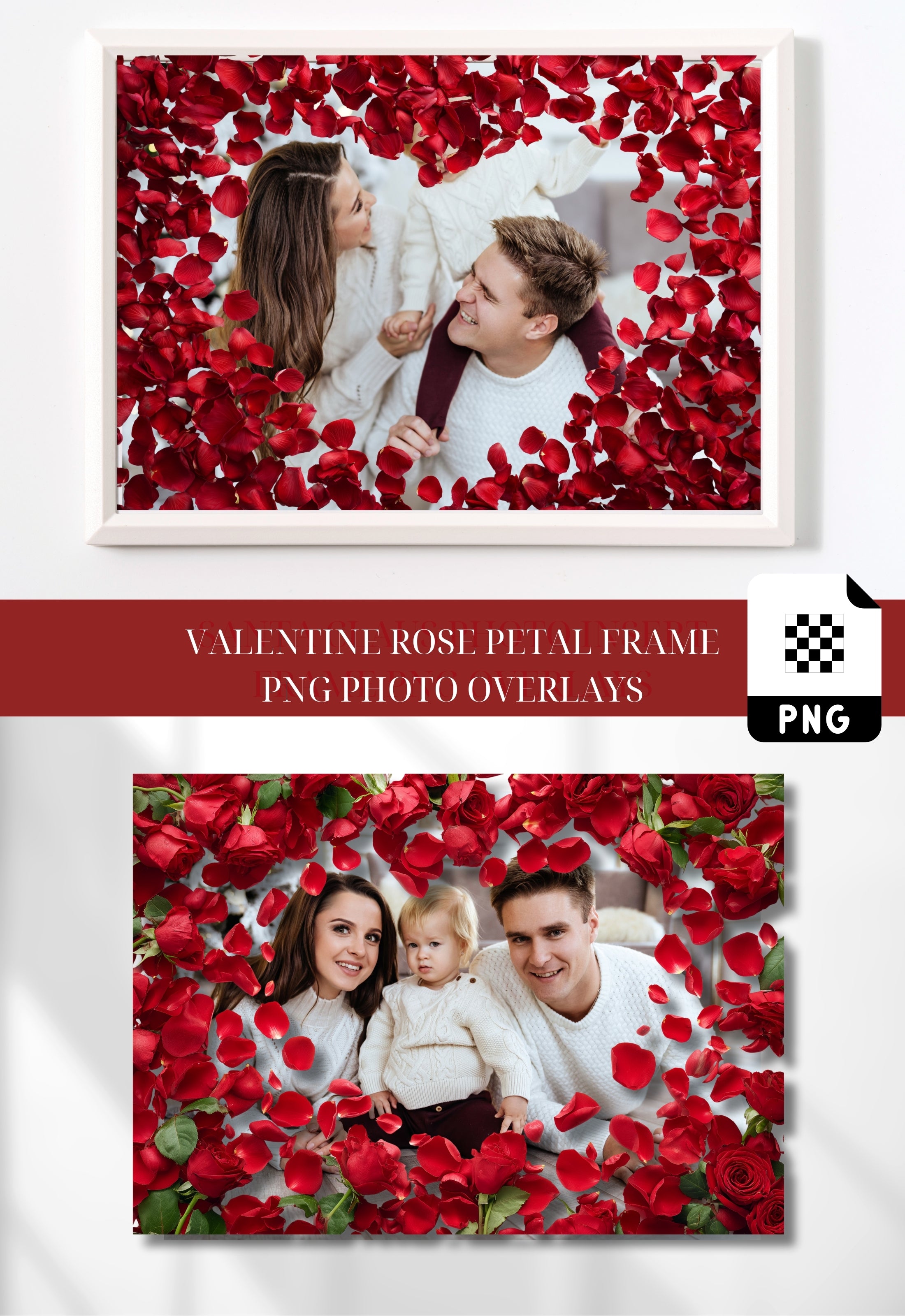 Red Rose Petals Valentine Photo Frame PNG Overlays