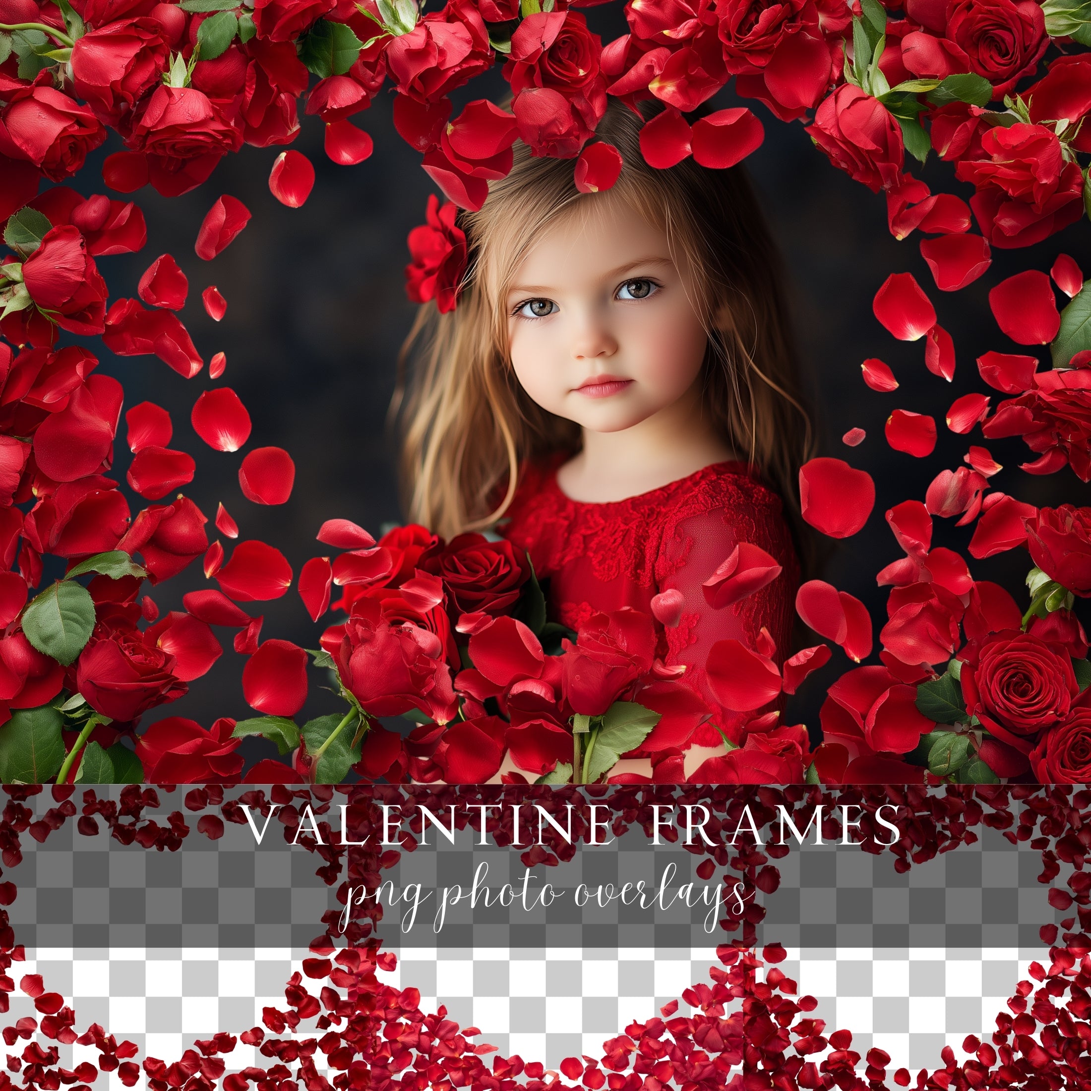 Red Rose Petals Valentine Photo Frame PNG Overlays