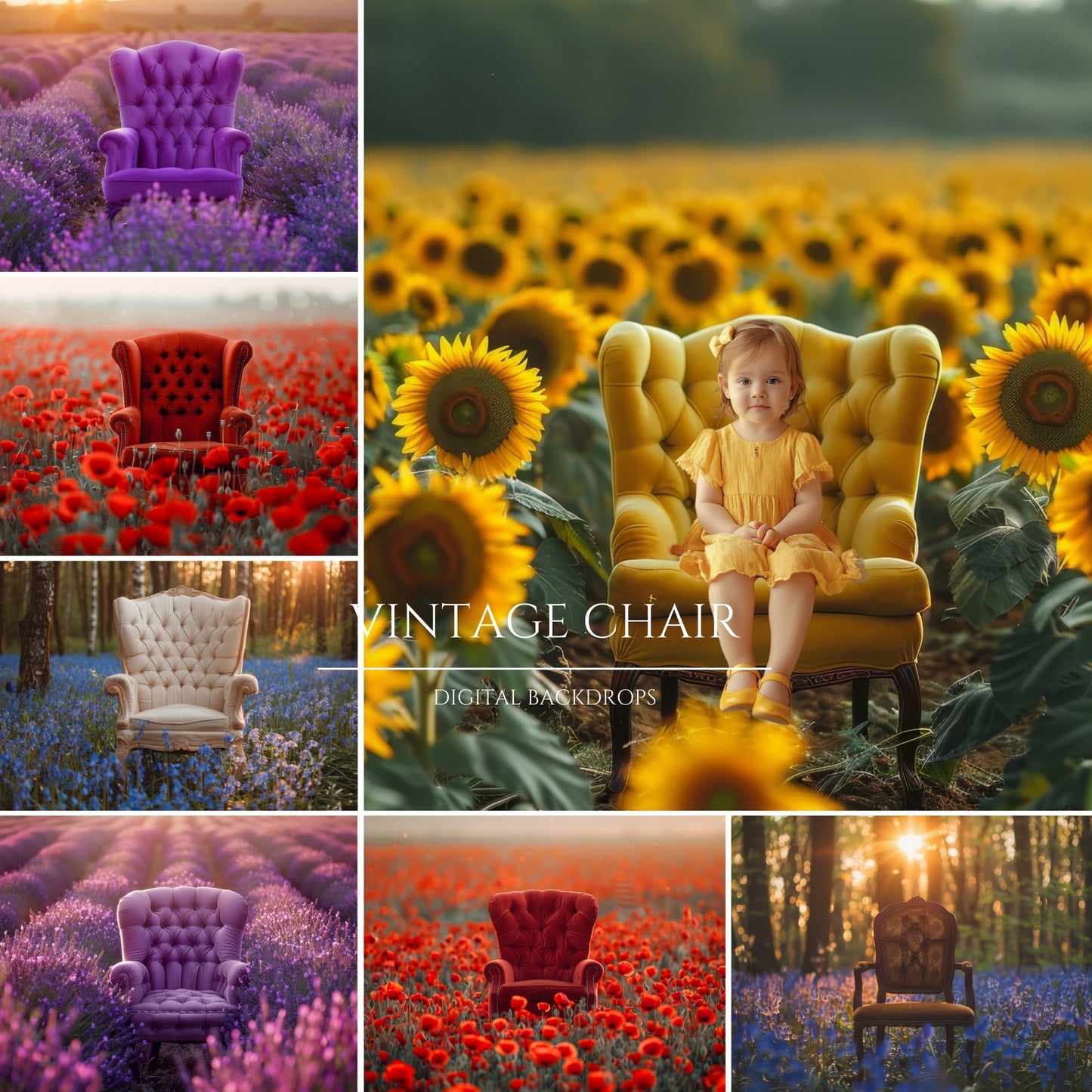 Vintage Chair in Summer Flower Field Backdrop