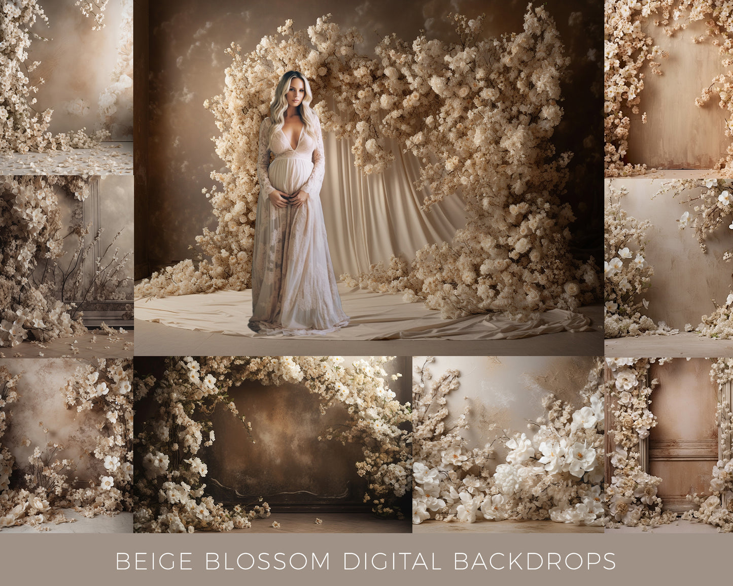 12 Beige Blossom Floral Digital Backdrops