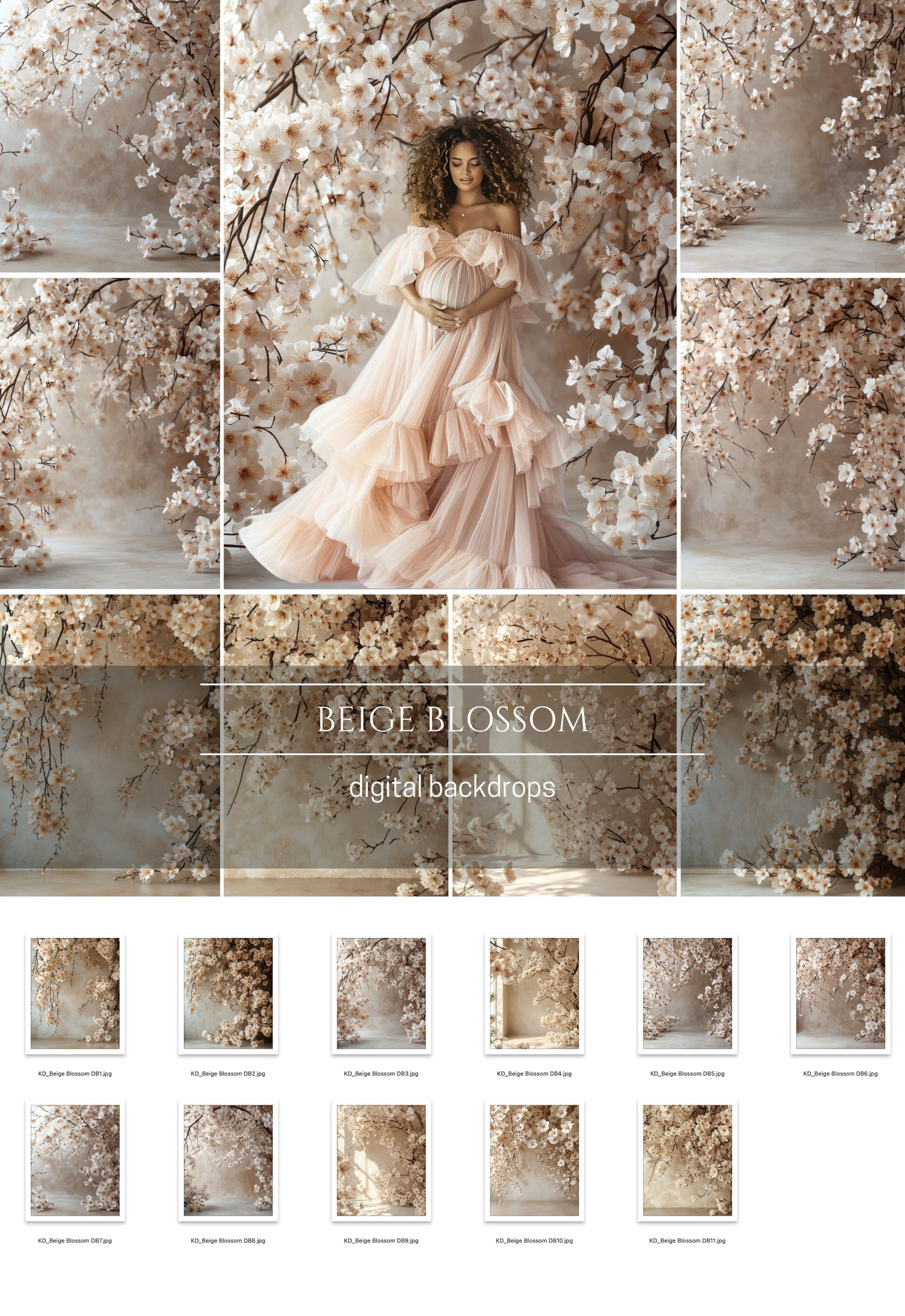 Beige Blossom Floral Digital Backdrops