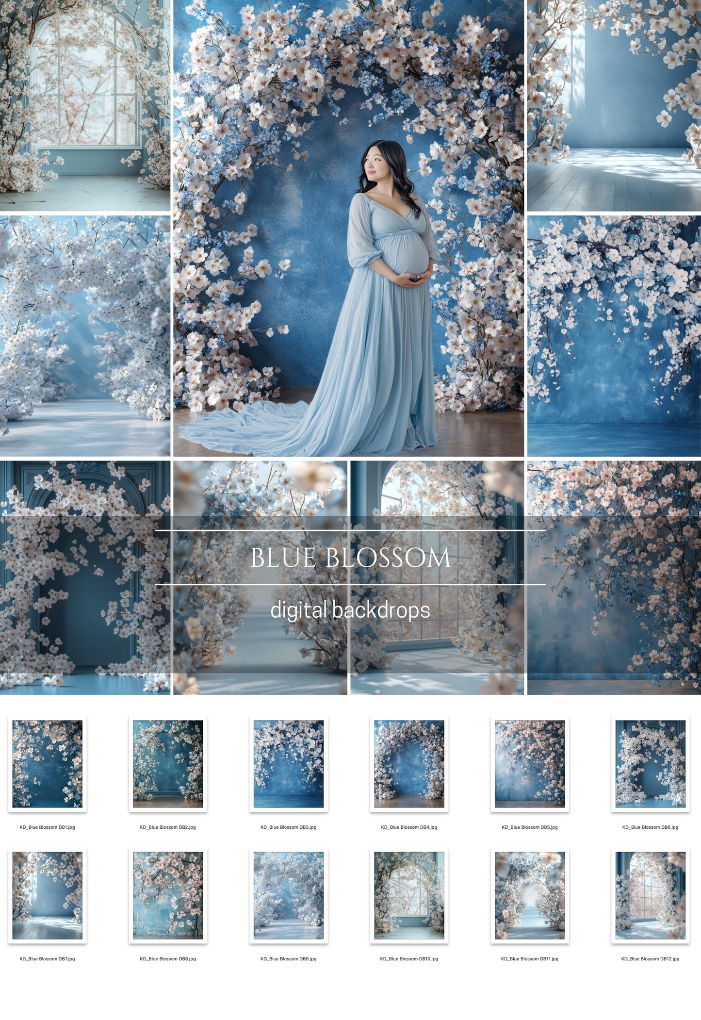 Blue Blossom Floral Digital Backdrops