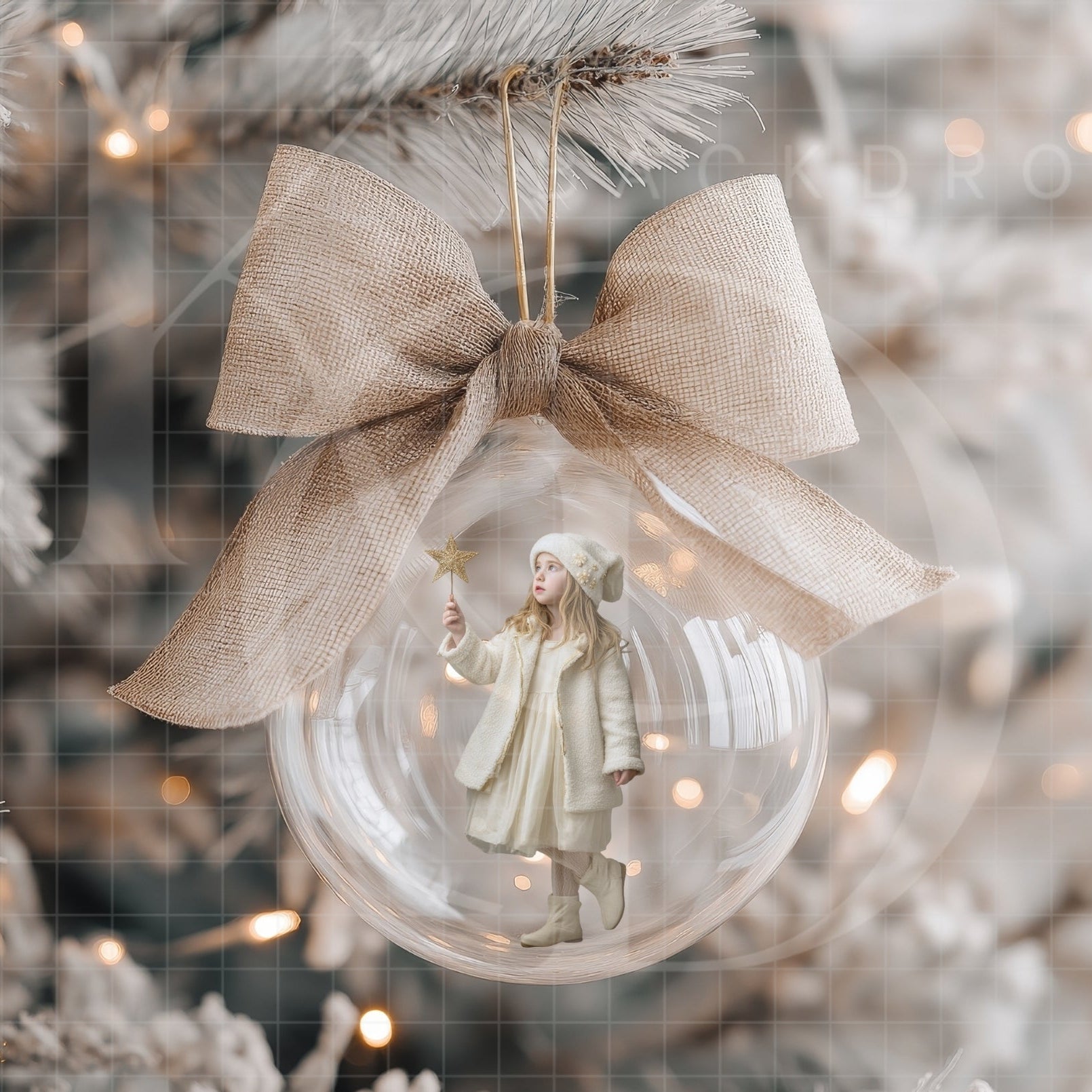 Neutral Christmas Glass Ornament with a Bow Digital Backdrop