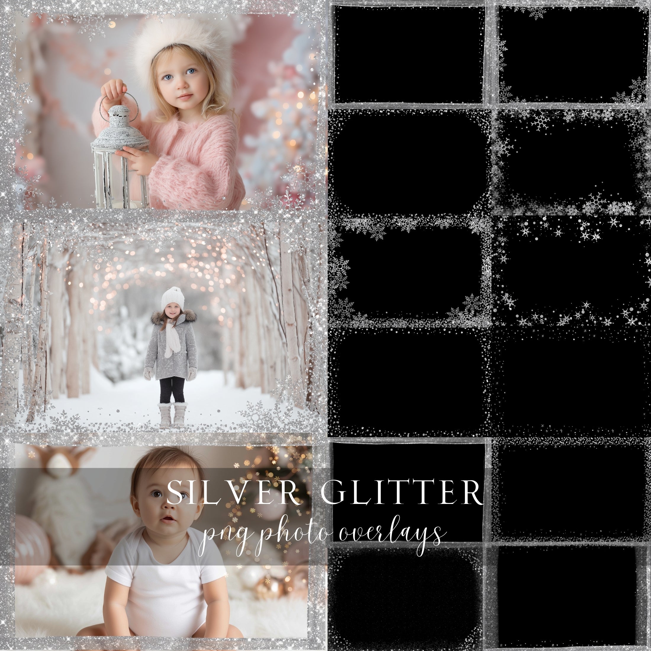 Christmas Silver Glitter Photo Frame PNG Overlays