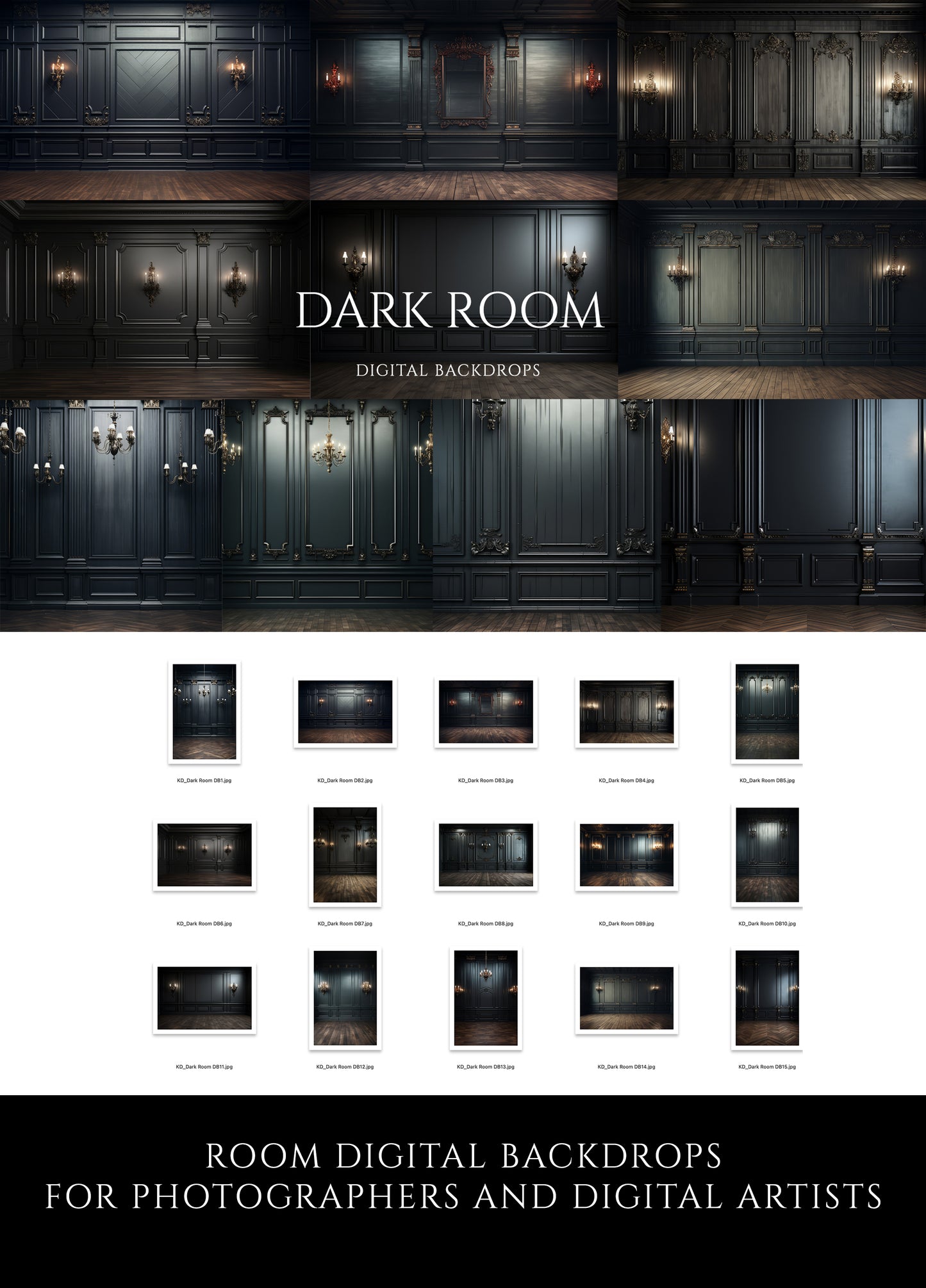 9 Dark Paneled Room Digital Backdrops
