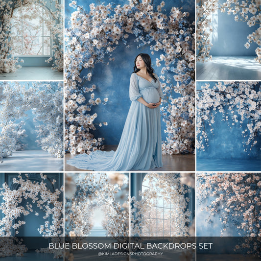 Blue Blossom Floral Digital Backdrops