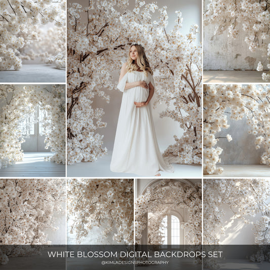 White Blossom Floral Digital Backdrops