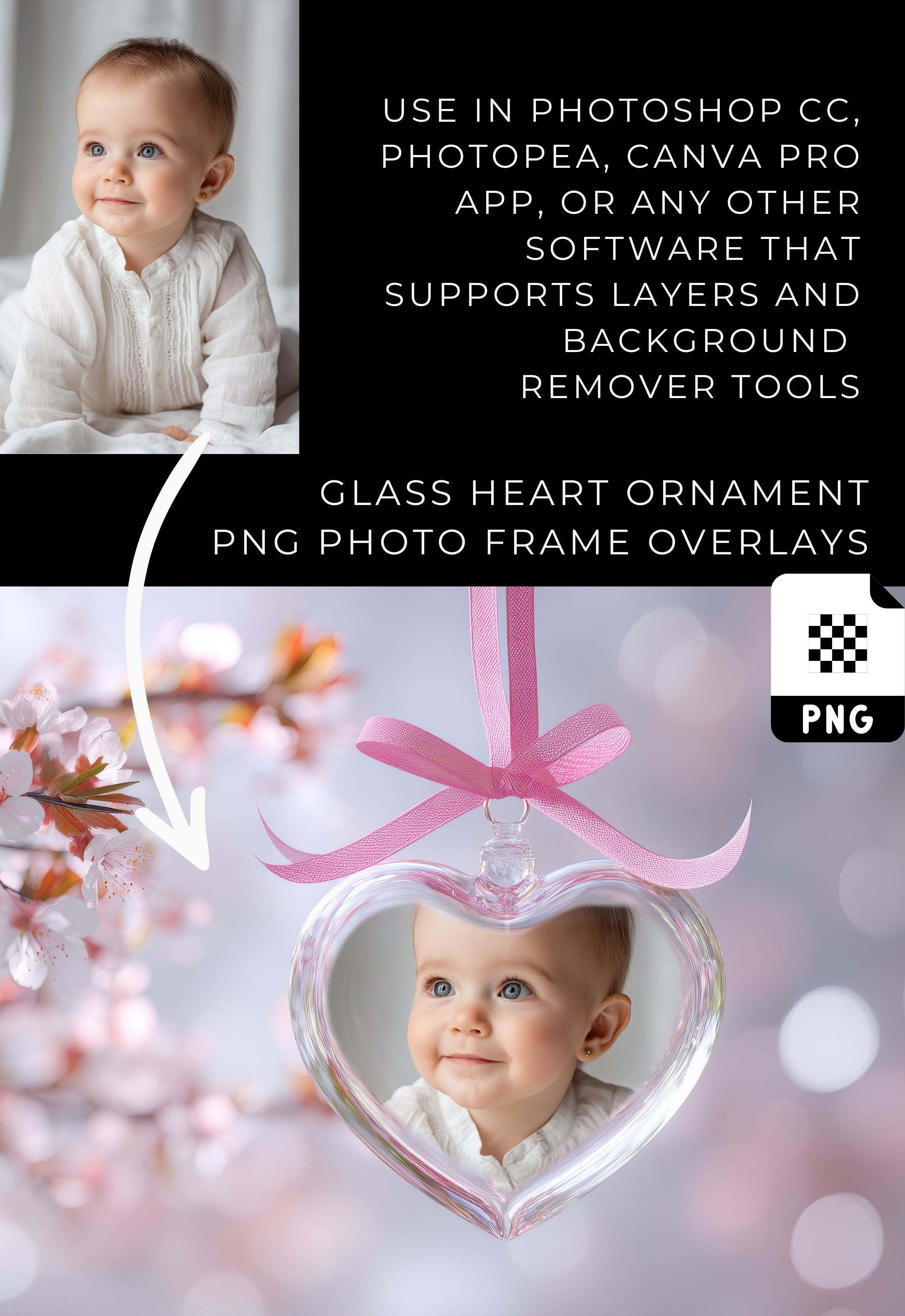 Glass Heart Ornament Photo Frame Overlays