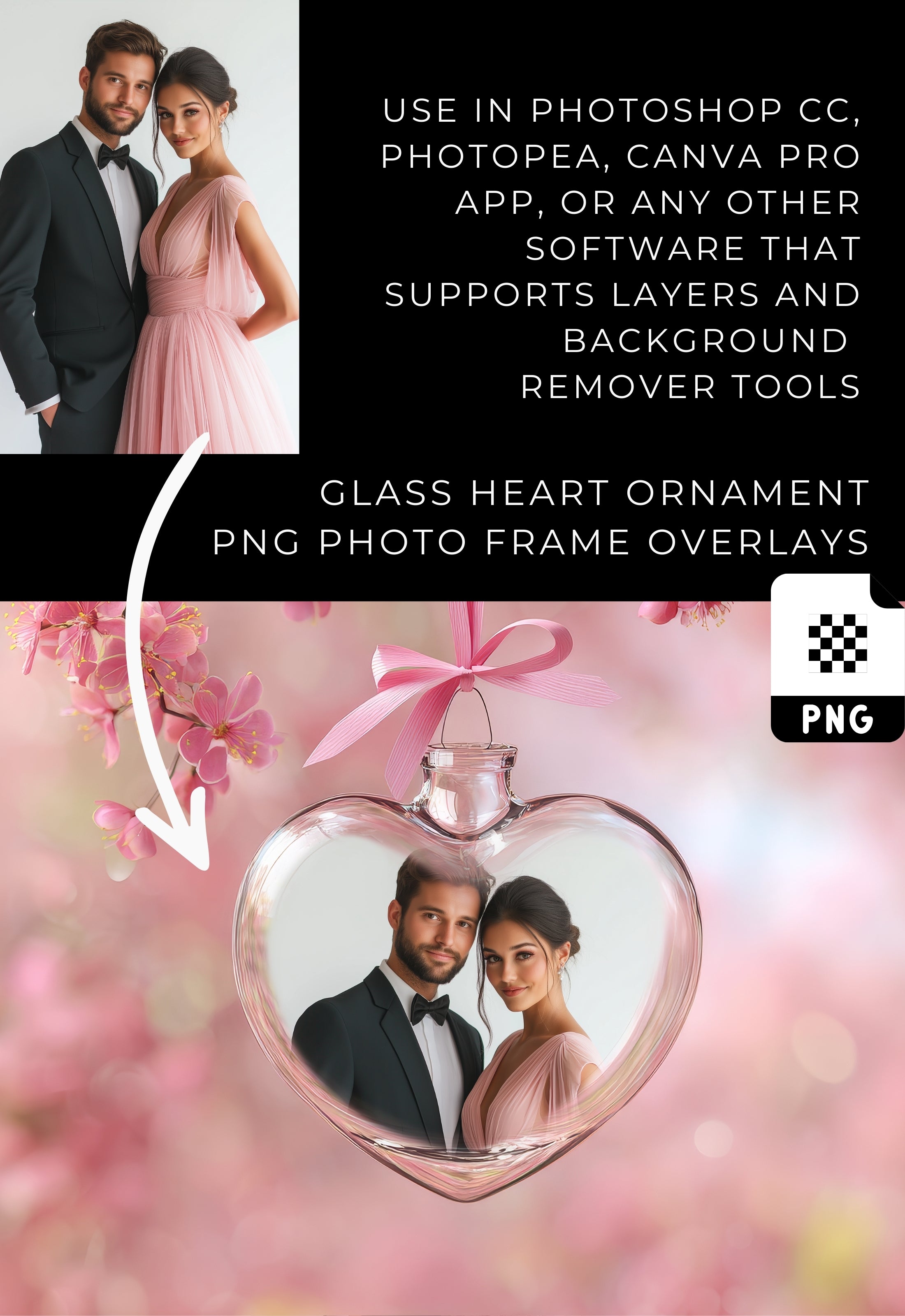 Glass Heart Ornament Photo Frame Overlays