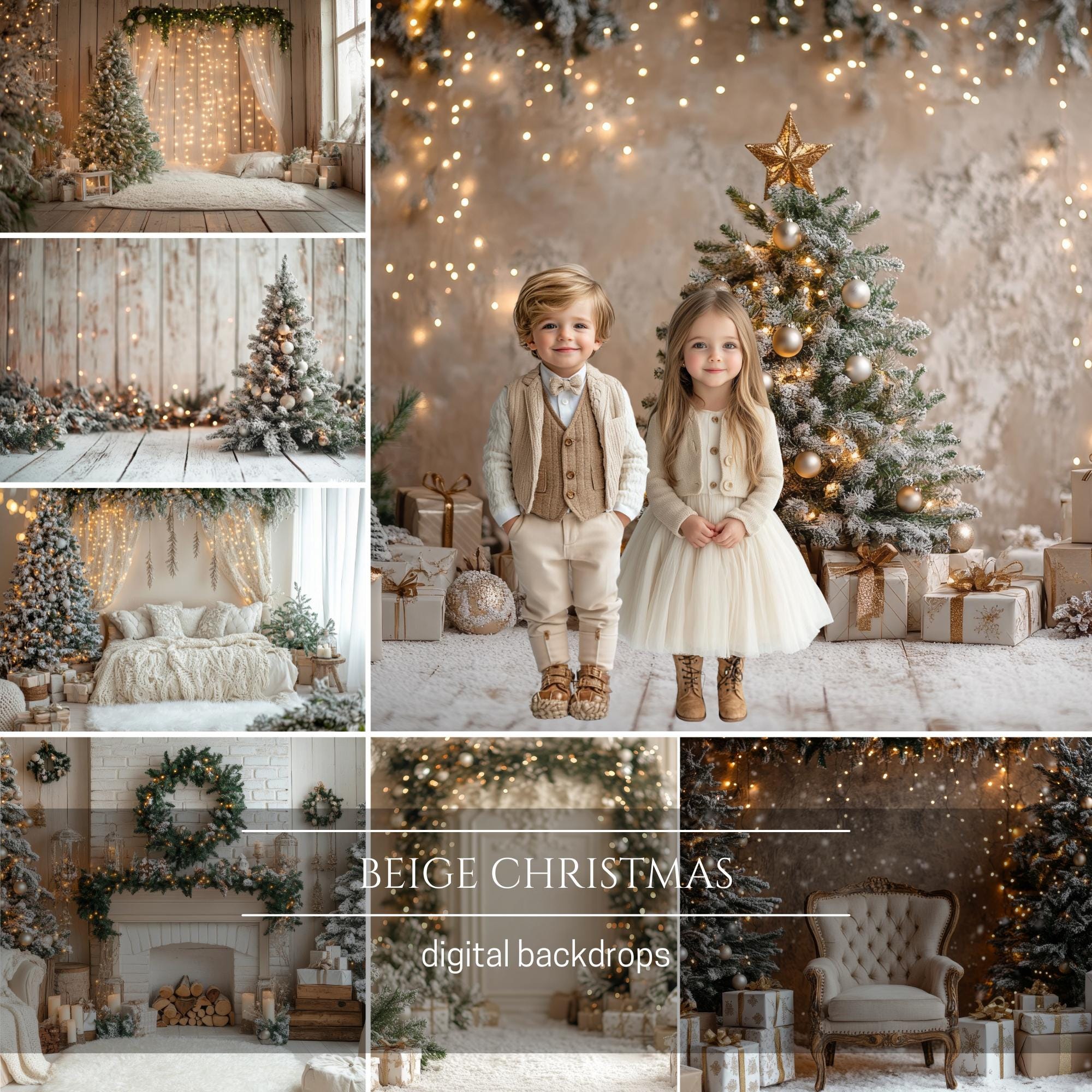 Beige Christmas Digital Backdrops, Photo Studio Backdrops, Bokeh Overlays, Fairy Lights, Photoshop Overlays