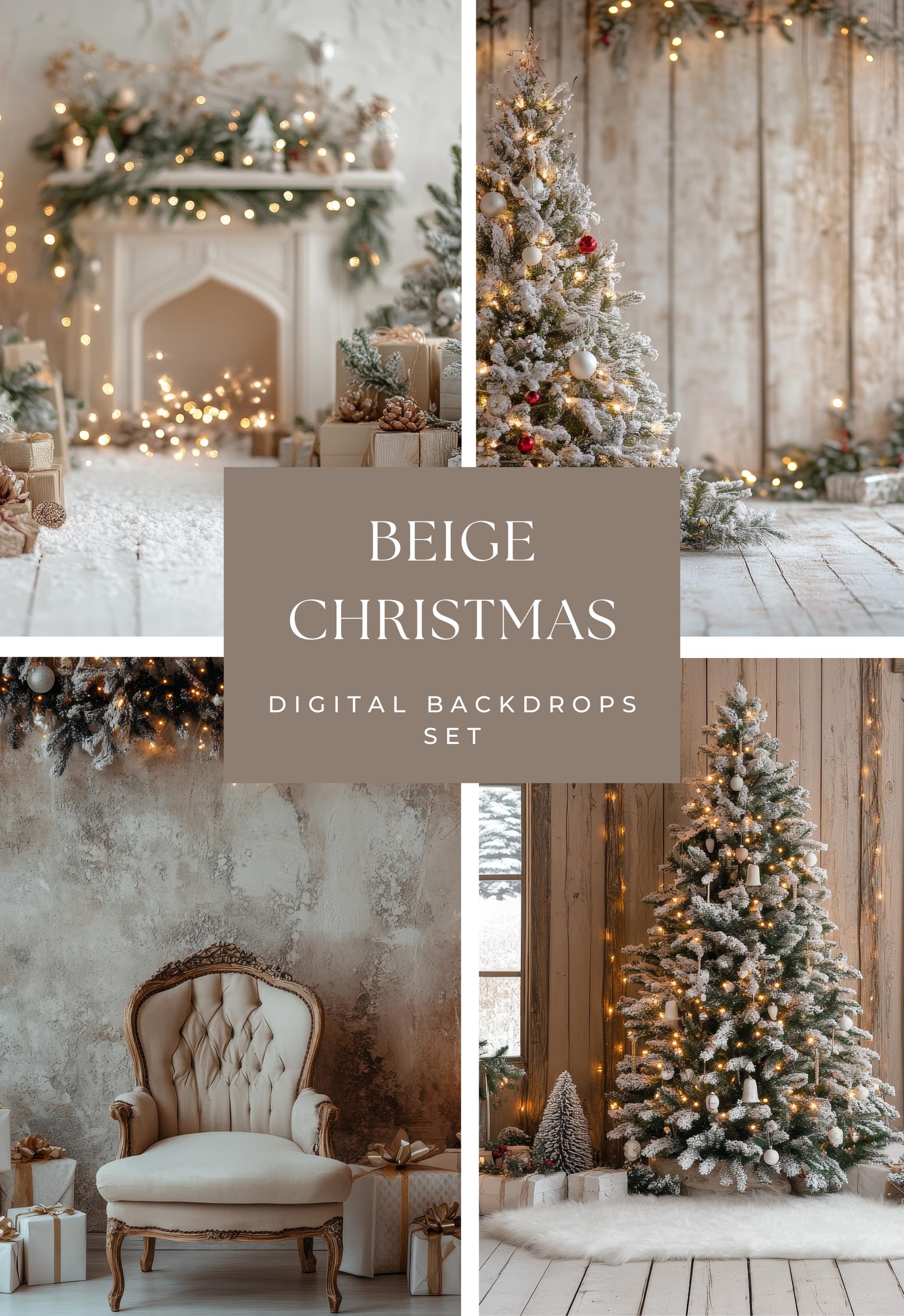 Beige Christmas Digital Backdrops, Photo Studio Backdrops, Bokeh Overlays, Fairy Lights, Photoshop Overlays