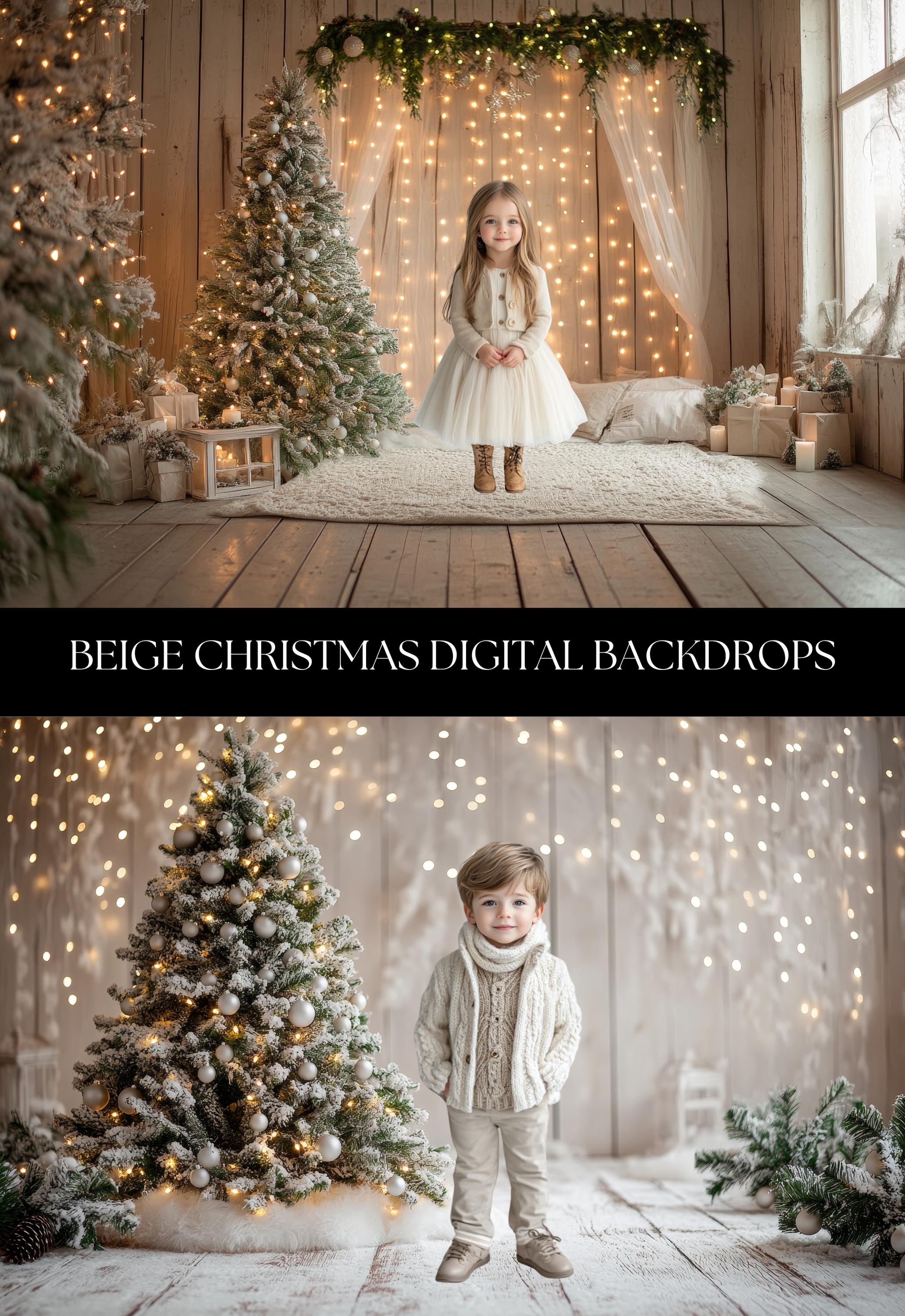 Beige Christmas Digital Backdrops, Photo Studio Backdrops, Bokeh Overlays, Fairy Lights, Photoshop Overlays