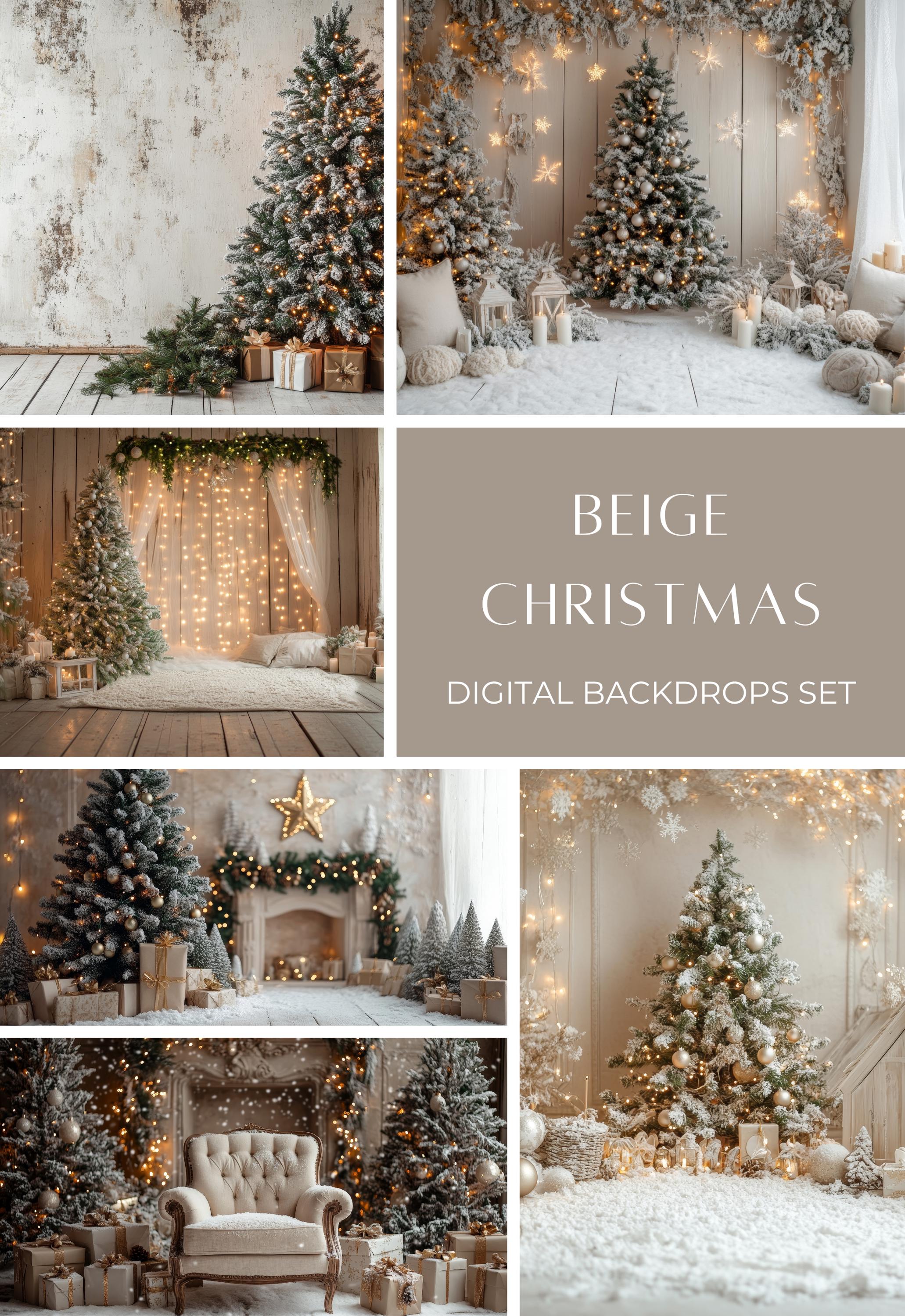 Beige Christmas Digital Backdrops, Photo Studio Backdrops, Bokeh Overlays, Fairy Lights, Photoshop Overlays