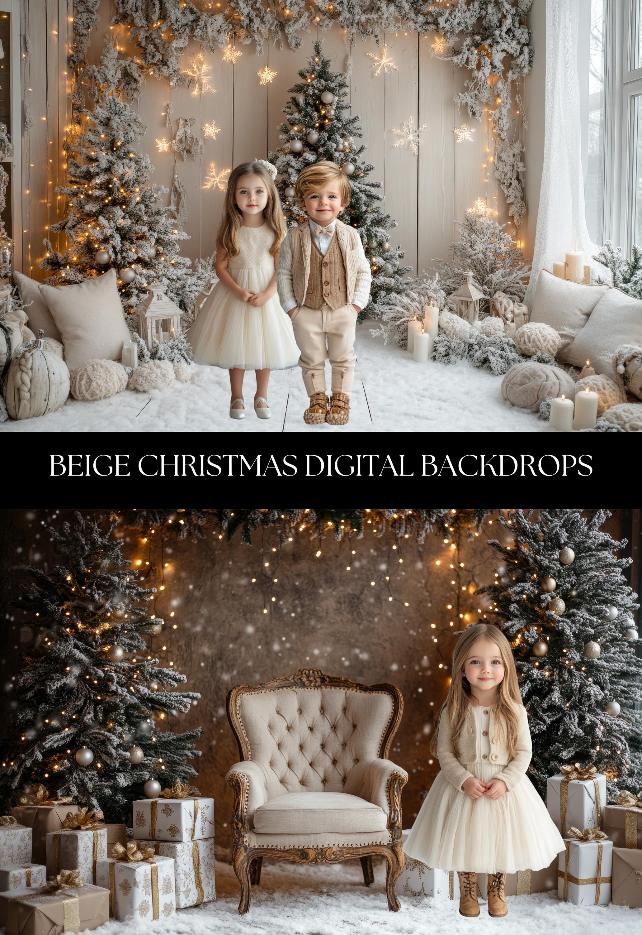 Beige Christmas Digital Backdrops, Photo Studio Backdrops, Bokeh Overlays, Fairy Lights, Photoshop Overlays