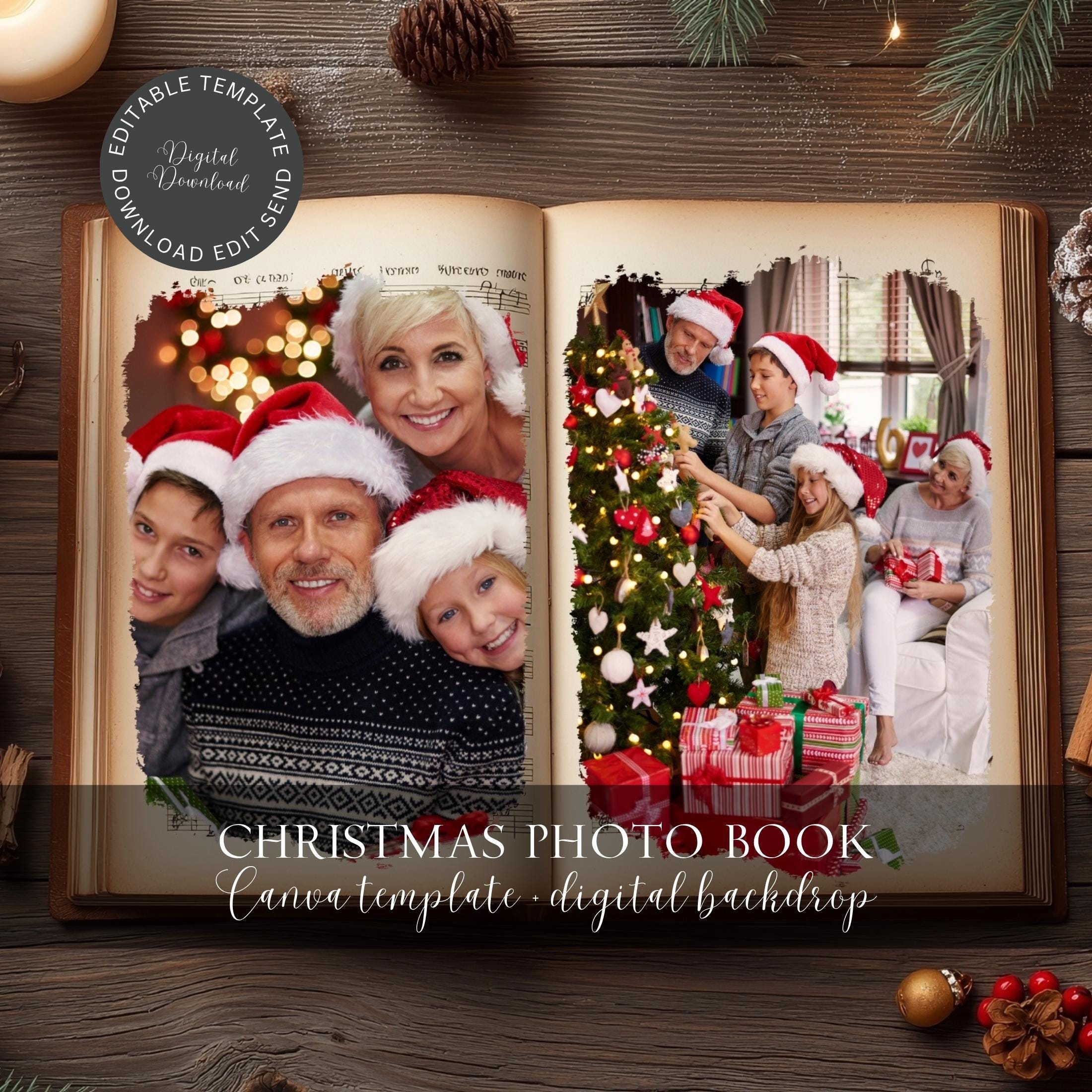 Christmas Vintage Book Holiday Digital Backdrop Editable Canva Template