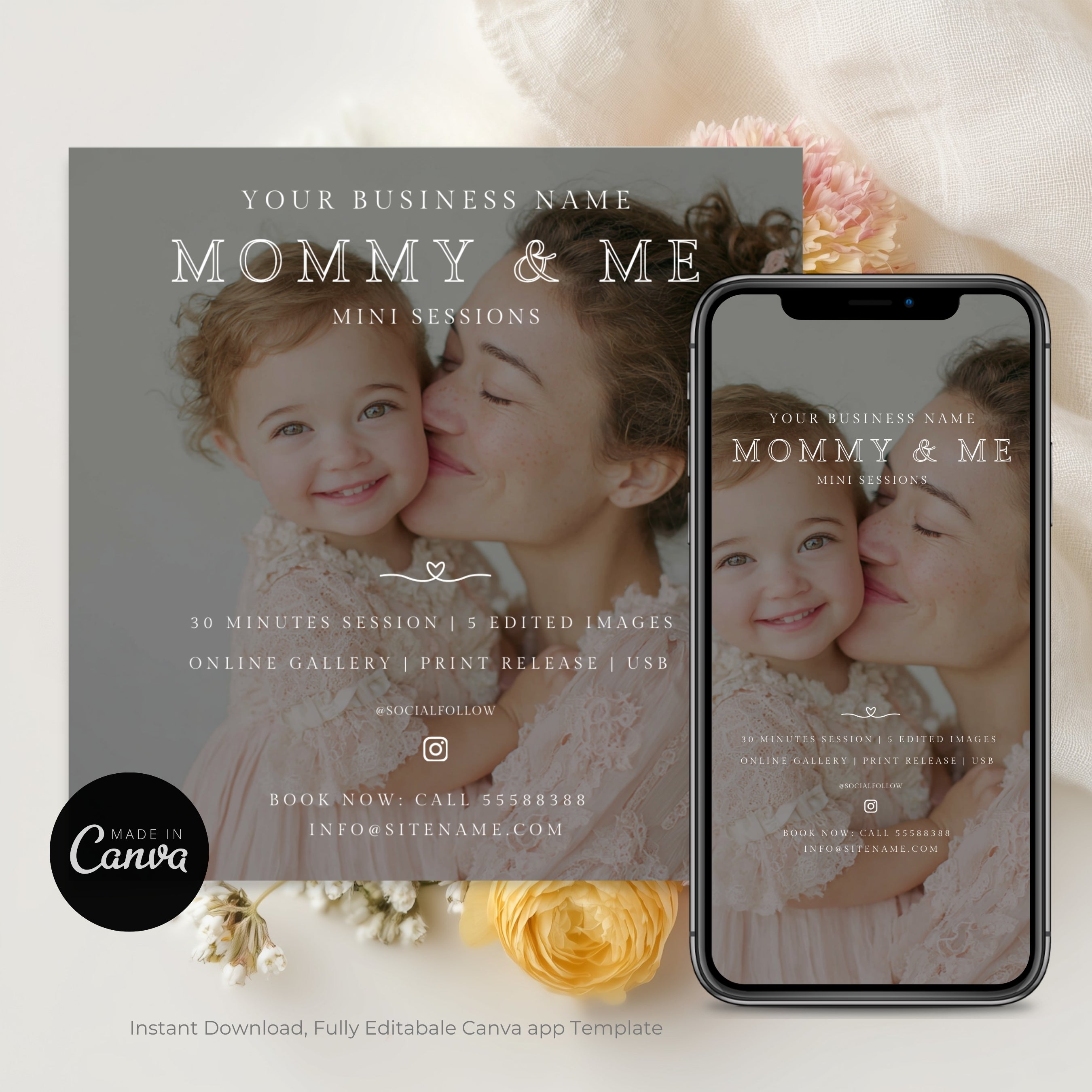 Mommy and Me Mini Sessions Photography Editable Marketing Board Template