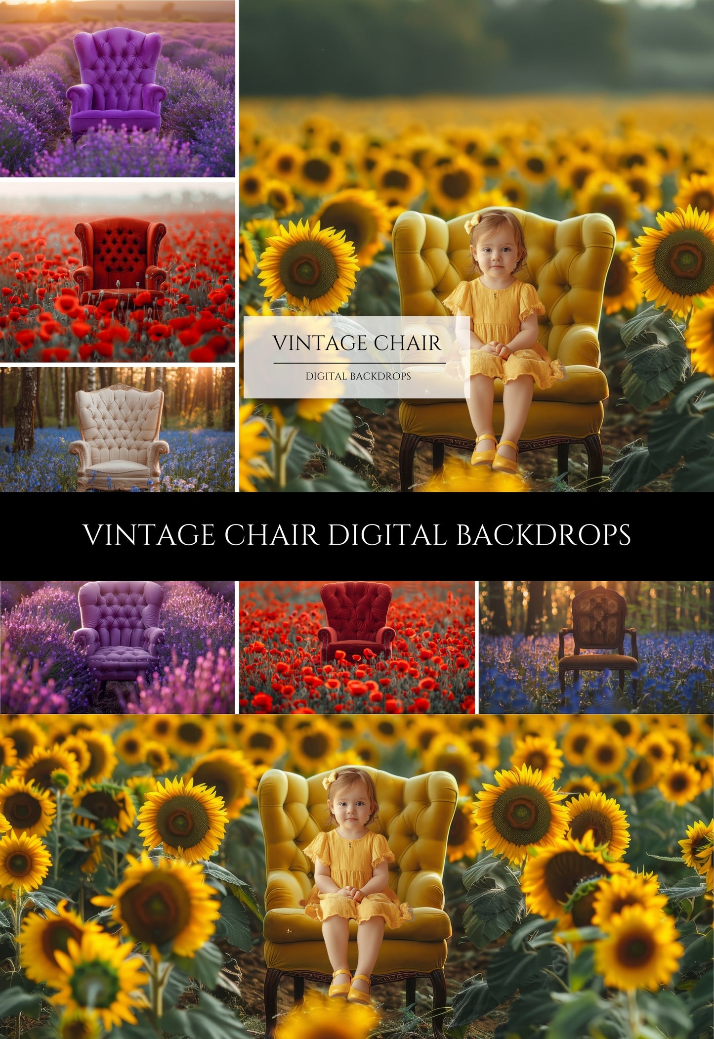 Vintage Chair in Summer Flower Field Backdrop