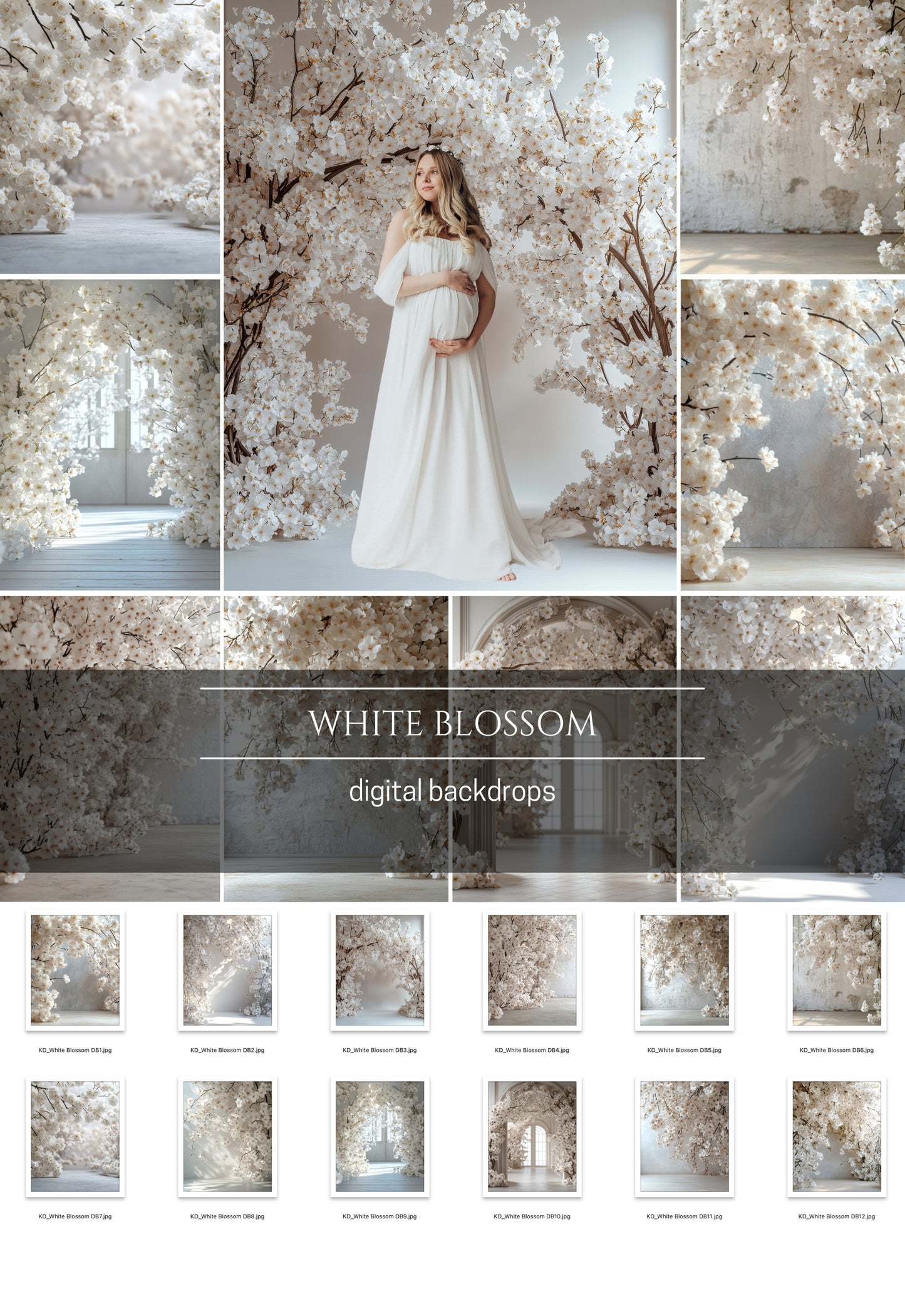 White Blossom Floral Digital Backdrops