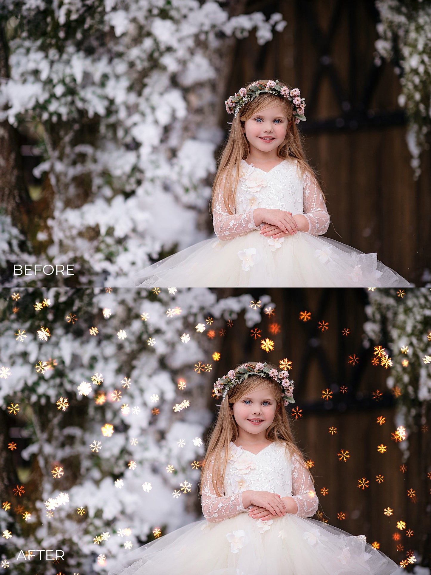 Little Snowflake Christmas Golden Bokeh Photo Overlays - Photoshop Overlays, Digital Backgrounds and Lightroom Presets