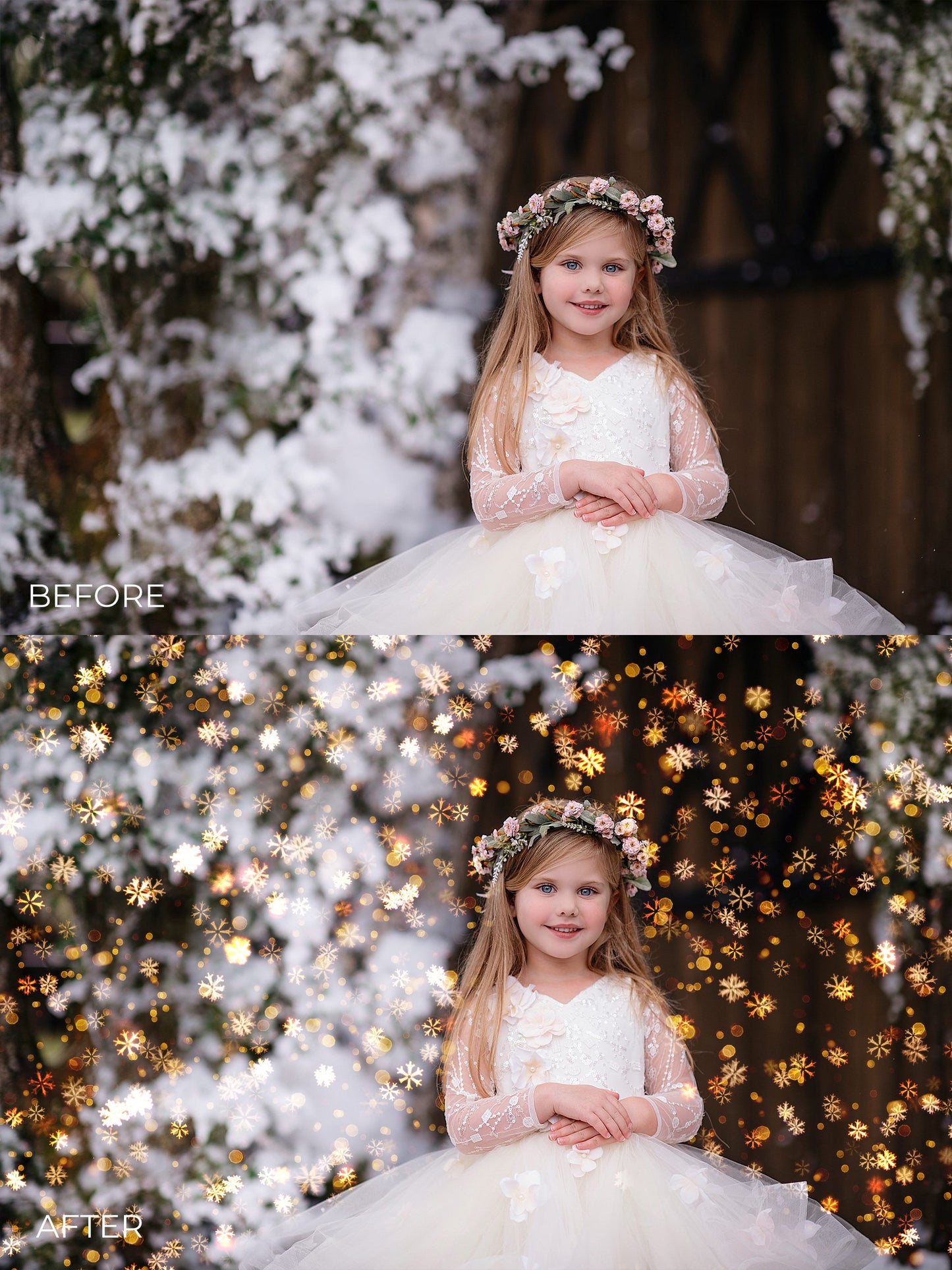 Little Snowflake Christmas Golden Bokeh Photo Overlays - Photoshop Overlays, Digital Backgrounds and Lightroom Presets