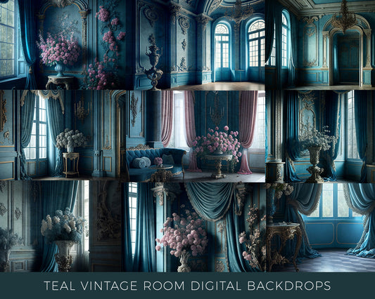 Teal French Vintage Room Digital Backdrops