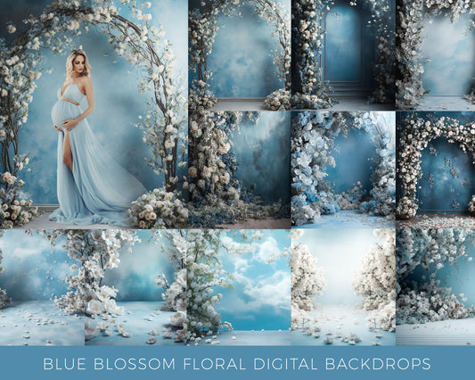 9 Blue Blossom Floral Digital Backdrops