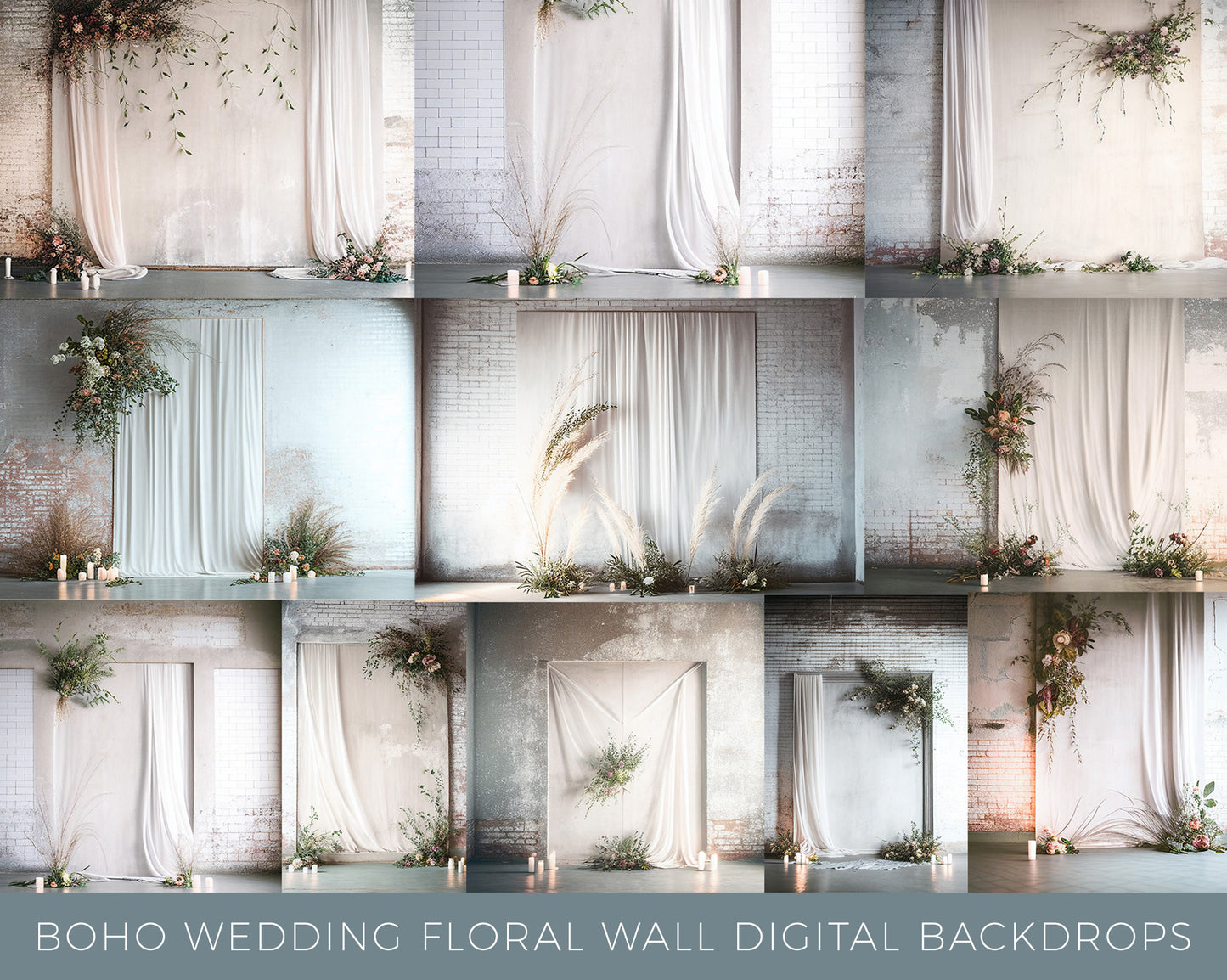 Boho Wedding Floral Wall Digital Backdrops