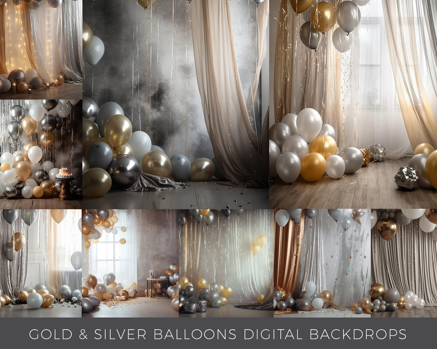 10 Gold and Silver Balloons Digital Backdrops