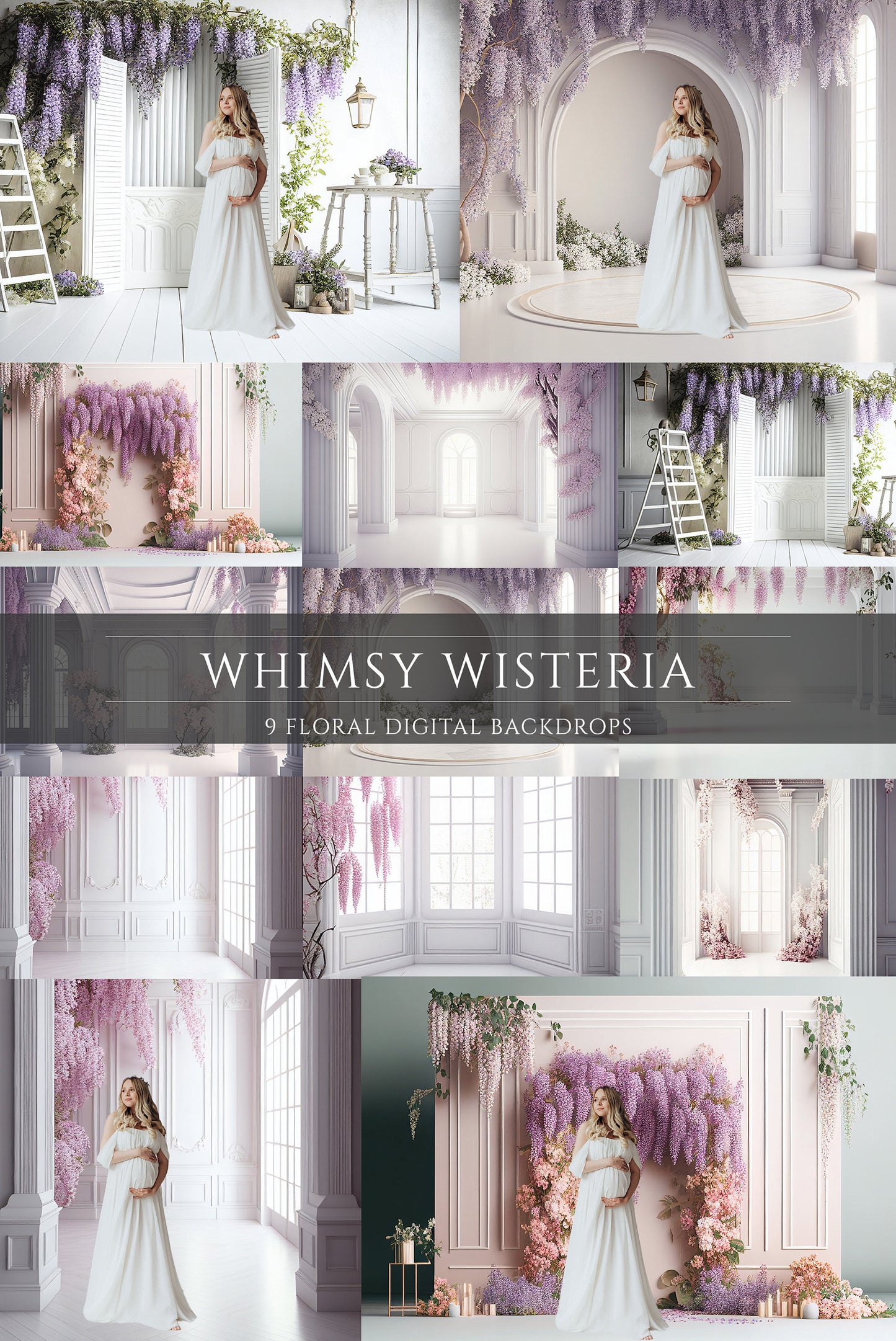 White Whimsy Wisteria Floral Digital Backdrops