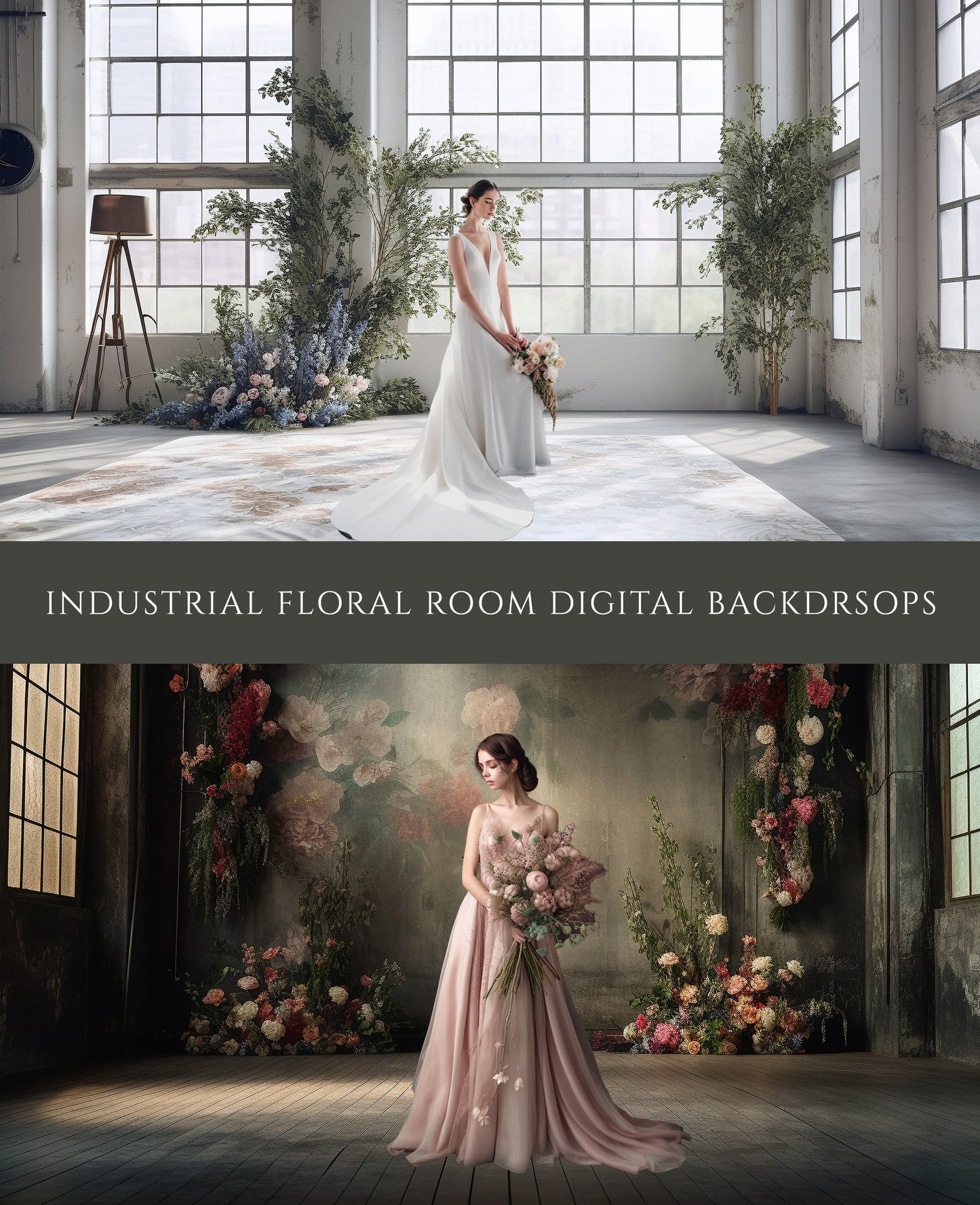 12 Industrial Floral Room Digital Backdrops