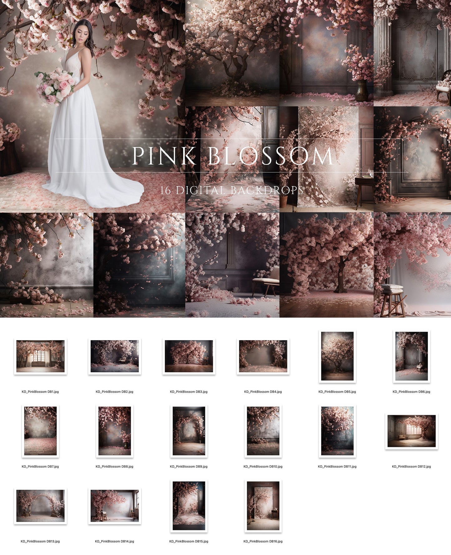 16 Pink Blossom Floral Digital Backdrops