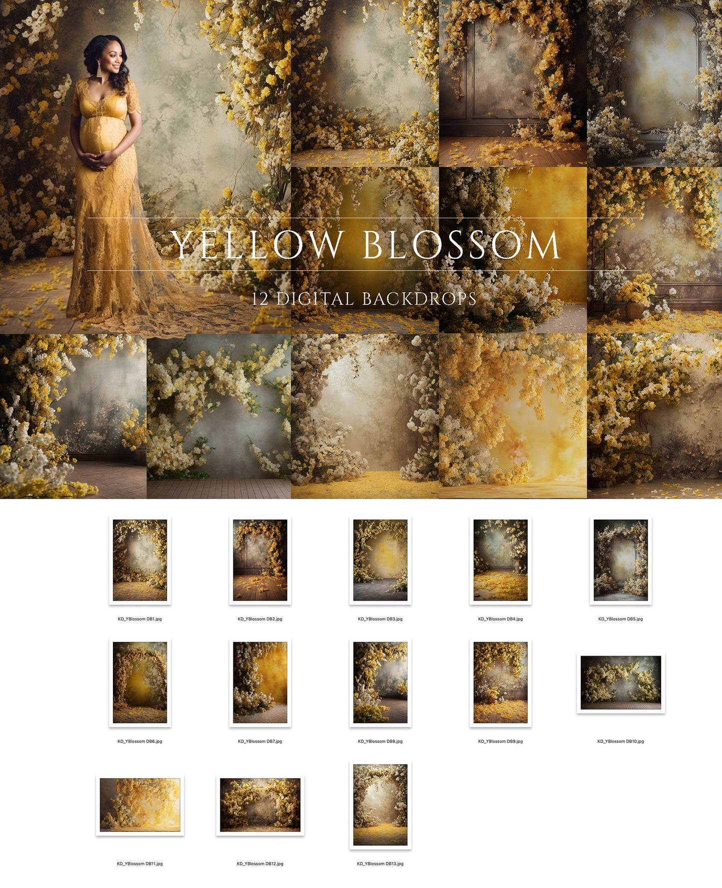 12 Yellow Blossom Floral Digital Backdrops
